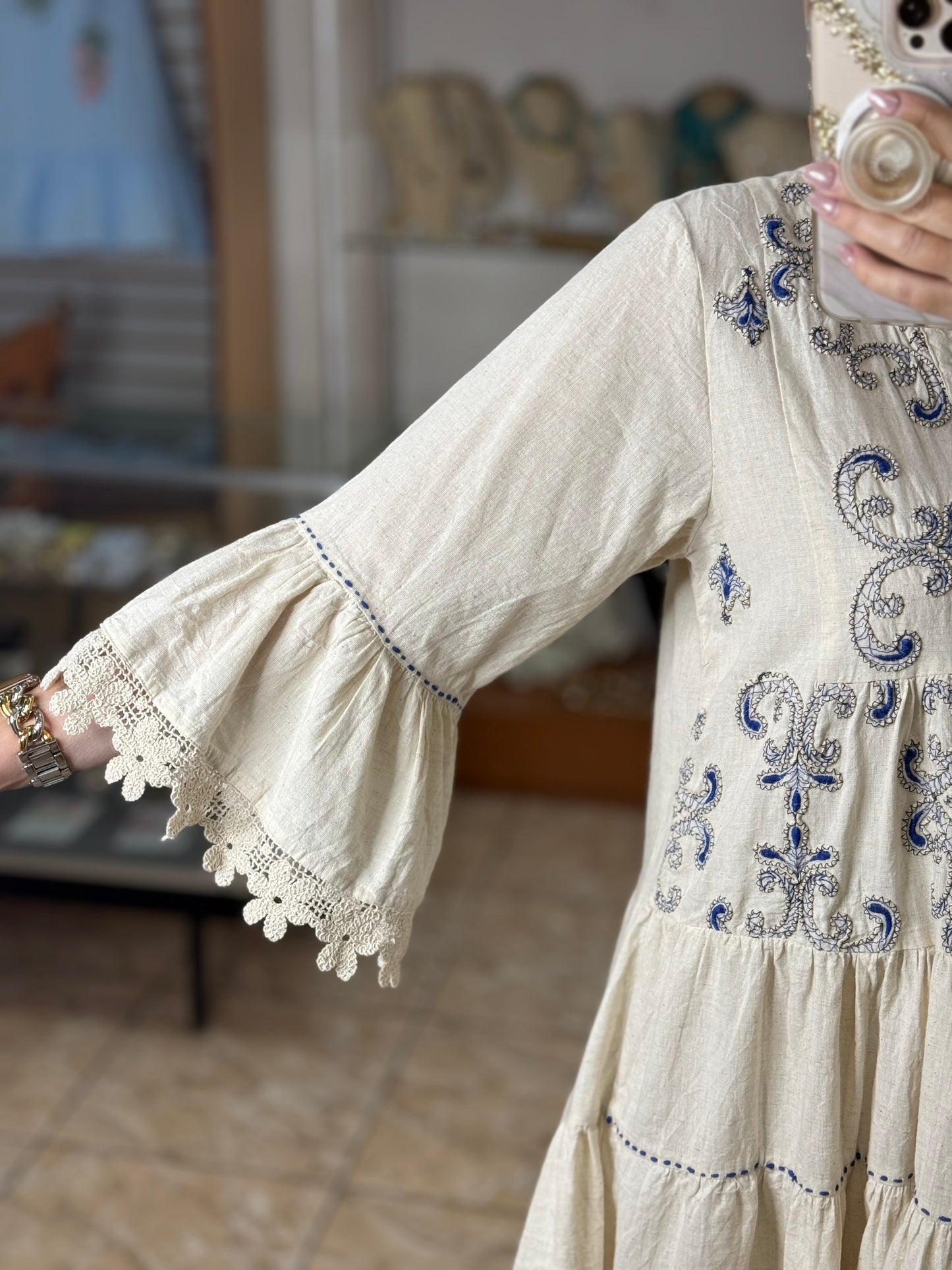 Natural and Blue Embroidered Boho Mini Dress