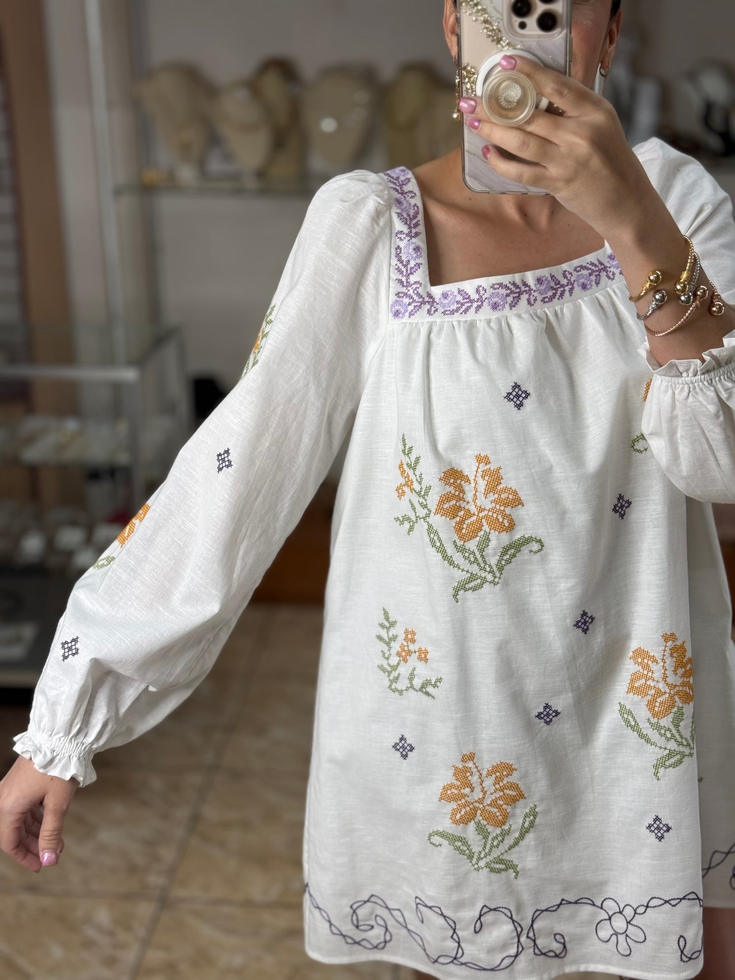Long Sleeves Embroidered Mini Dress (FINAL SALE)