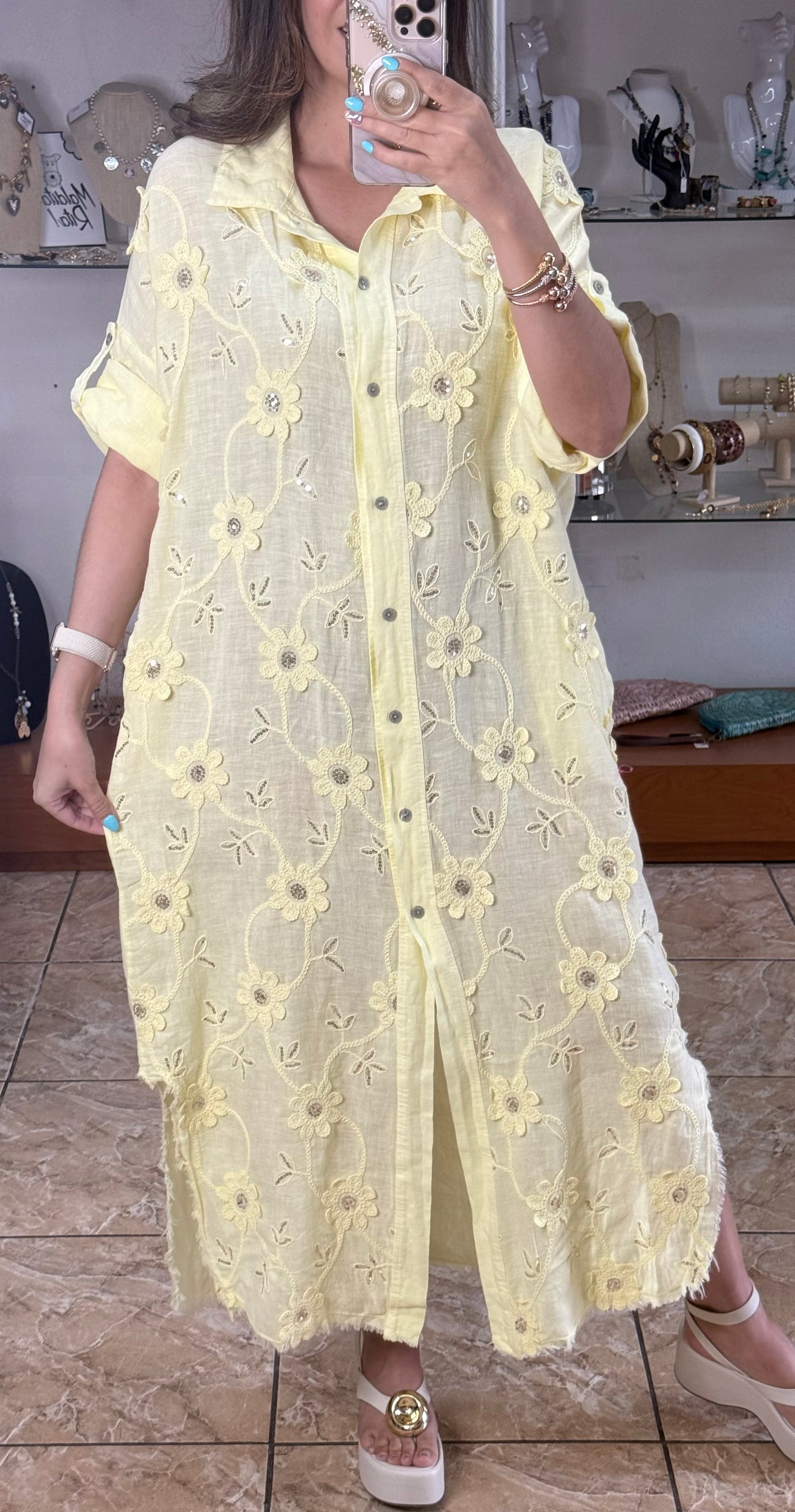 OS Embroidered/Sequins Linen Maxi Dress (NO RETURNS OR EXCHANGE)