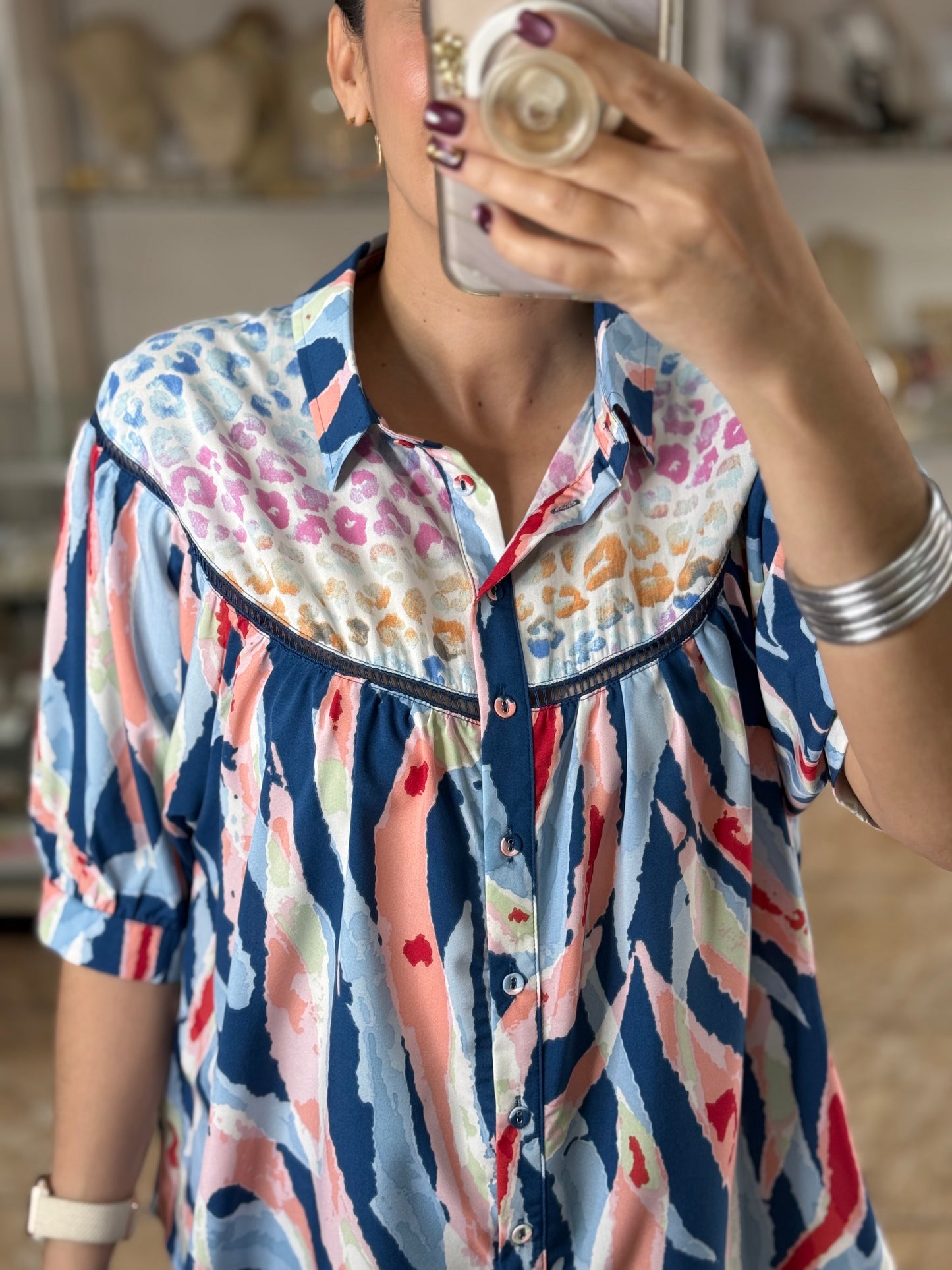 Blue Abstract Button Down Top