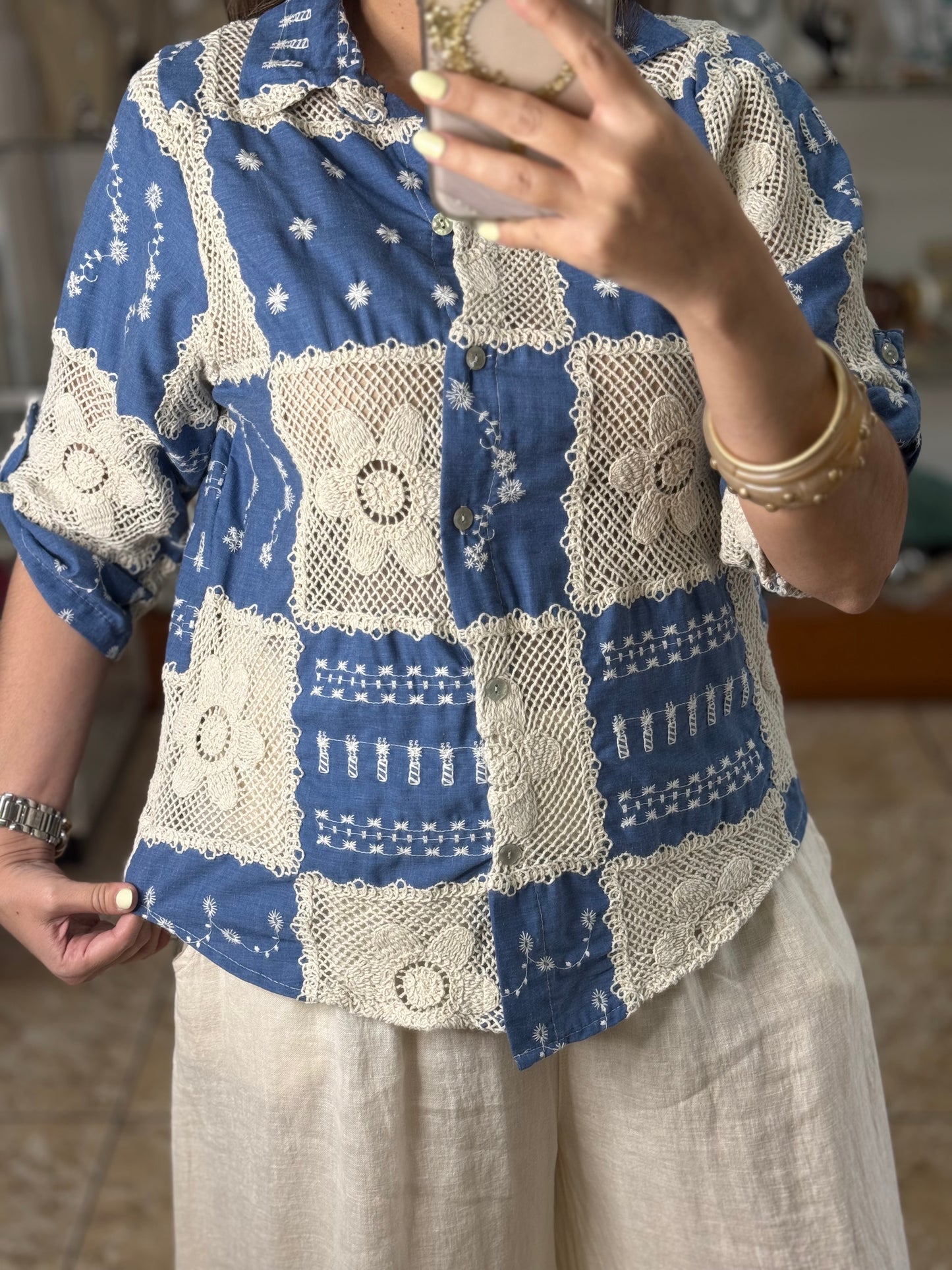 OS Blue Crochet/Embroidered Top (NO RETURNS OR EXCHANGE)