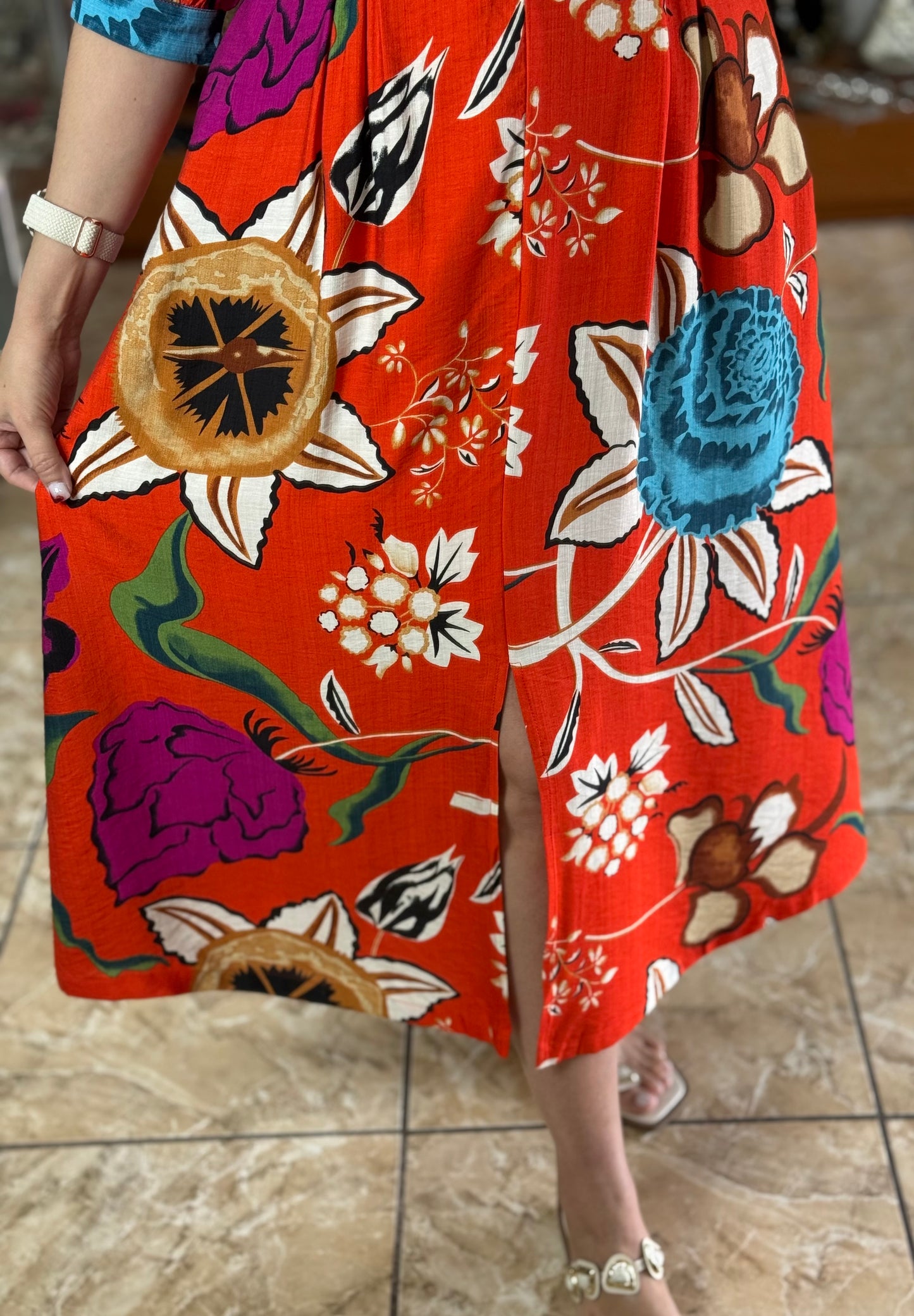 Orange Floral Midi Dress