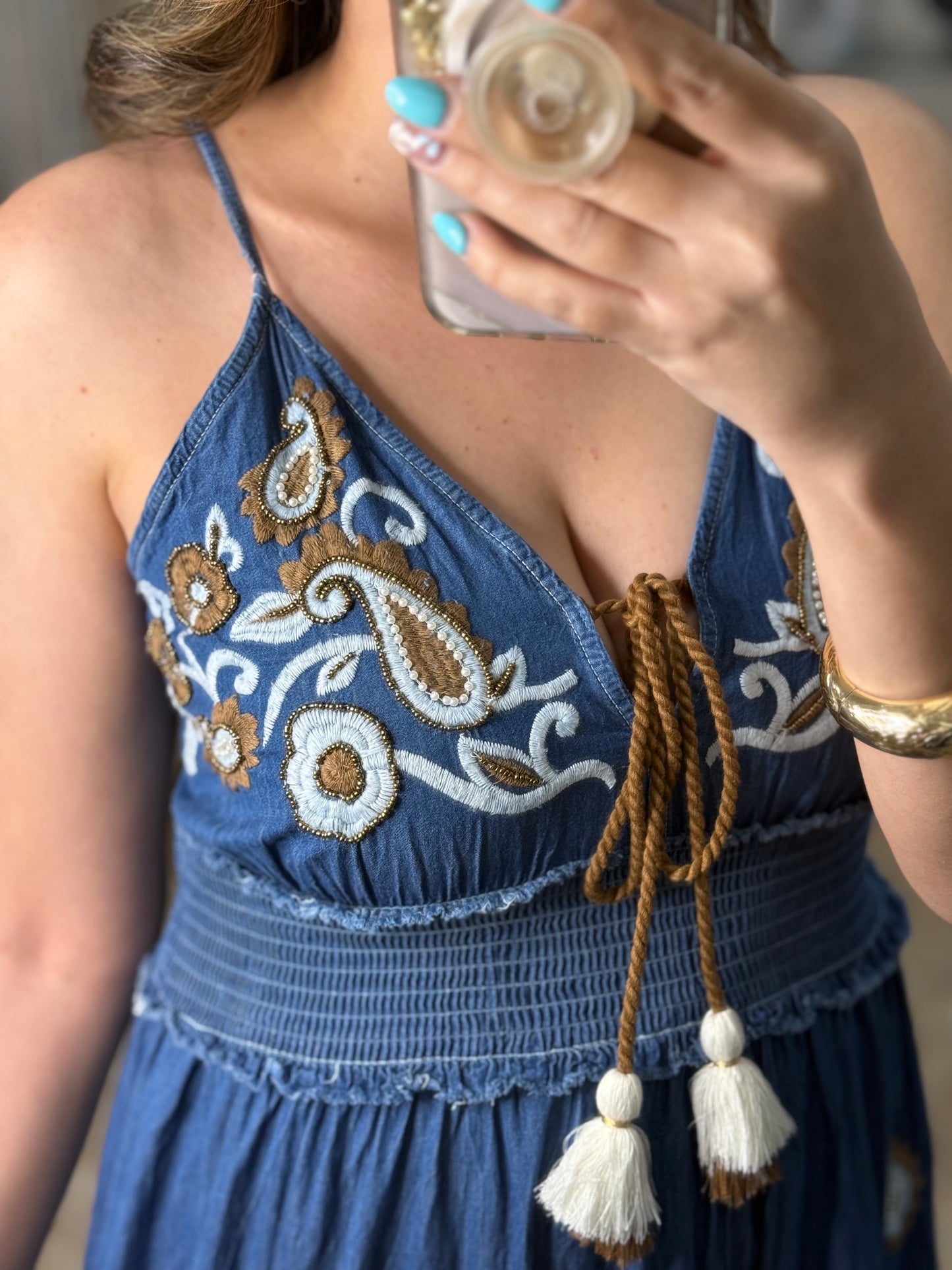 OS Embroidered Denim Maxi Dress (NO RETURNS OR EXCHANGE)