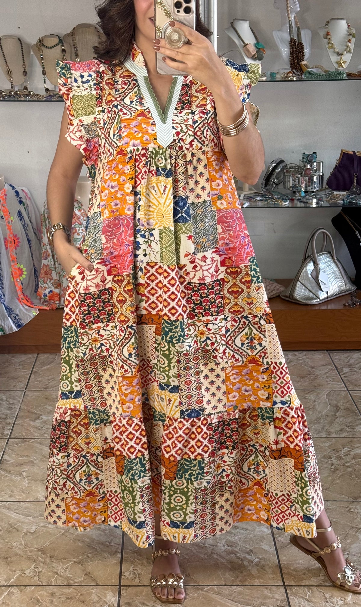 Patchwork Print Ruffle Sleeve Tiered Midi Dress