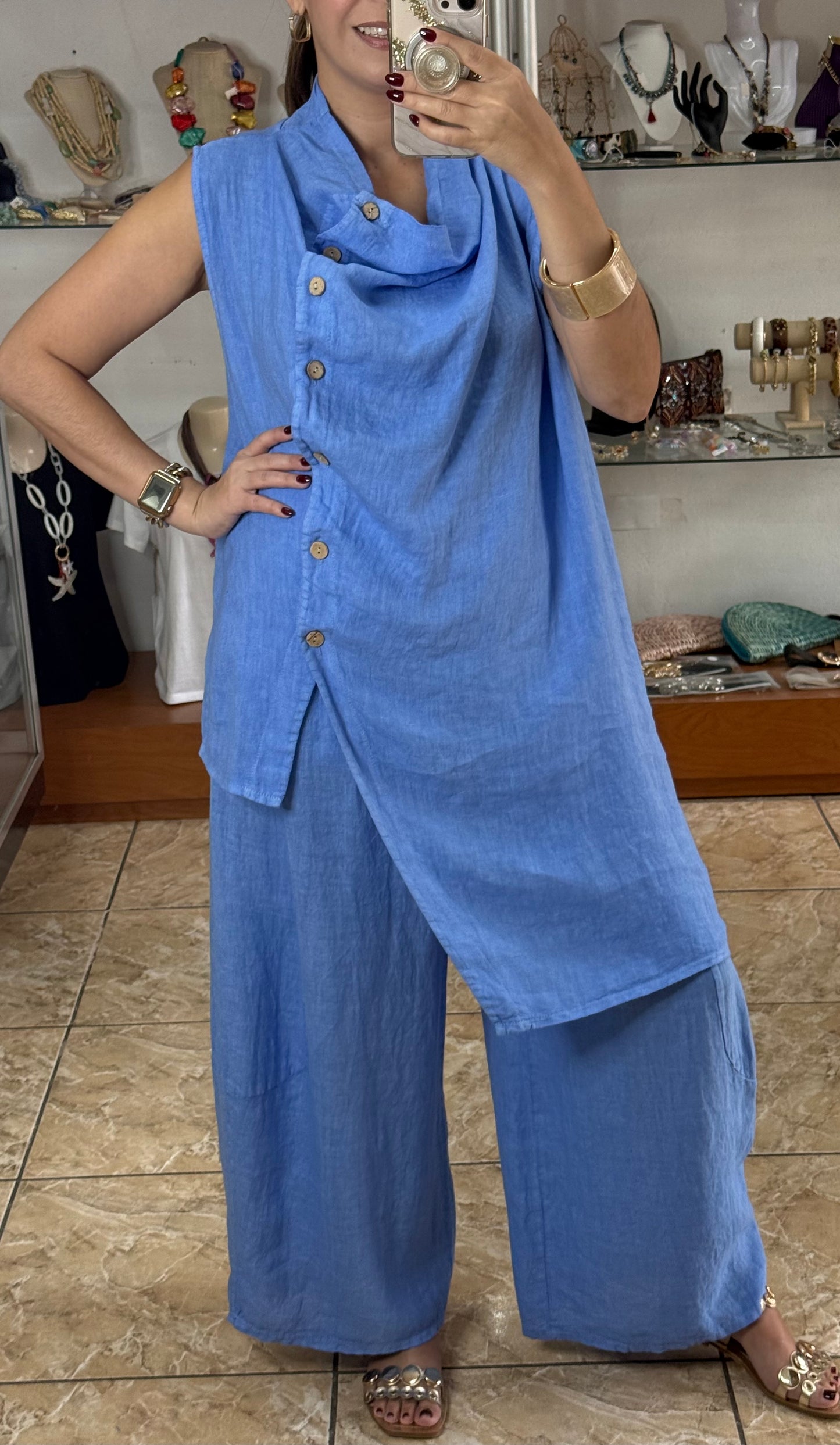 OS Linen Asymmetrical Top & Barrel Pant Set (NO RETURNS OR EXCHANGE)