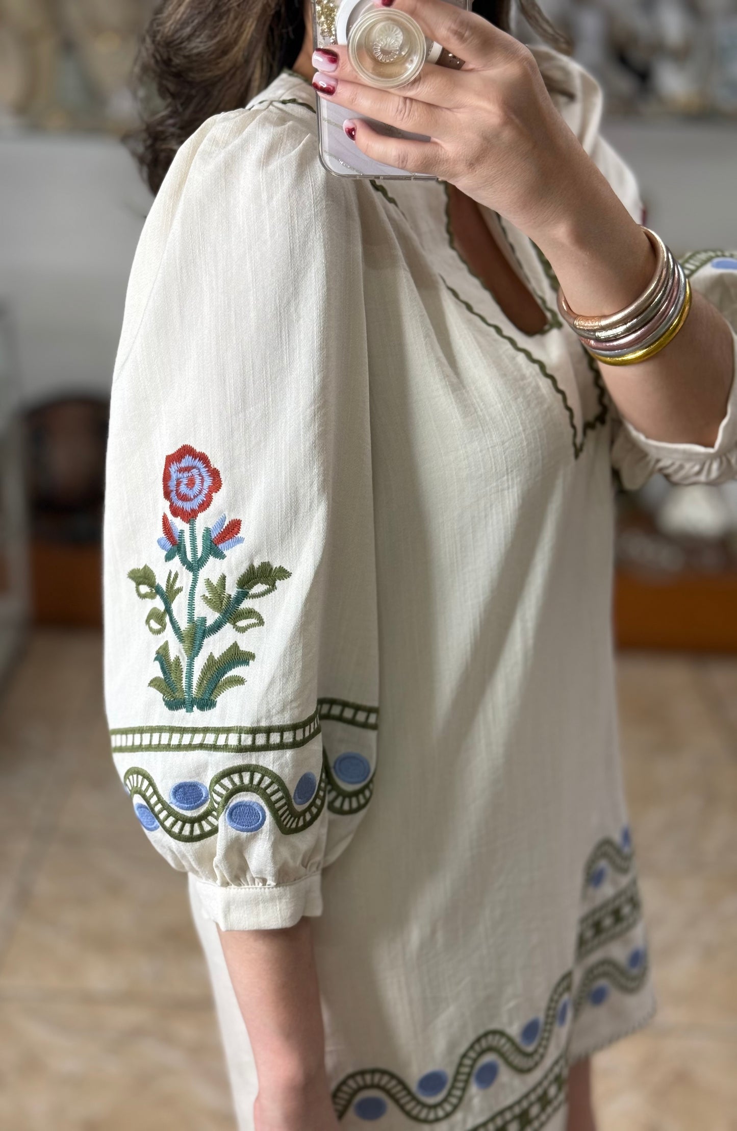 Ecru Embroidered Mini Dress