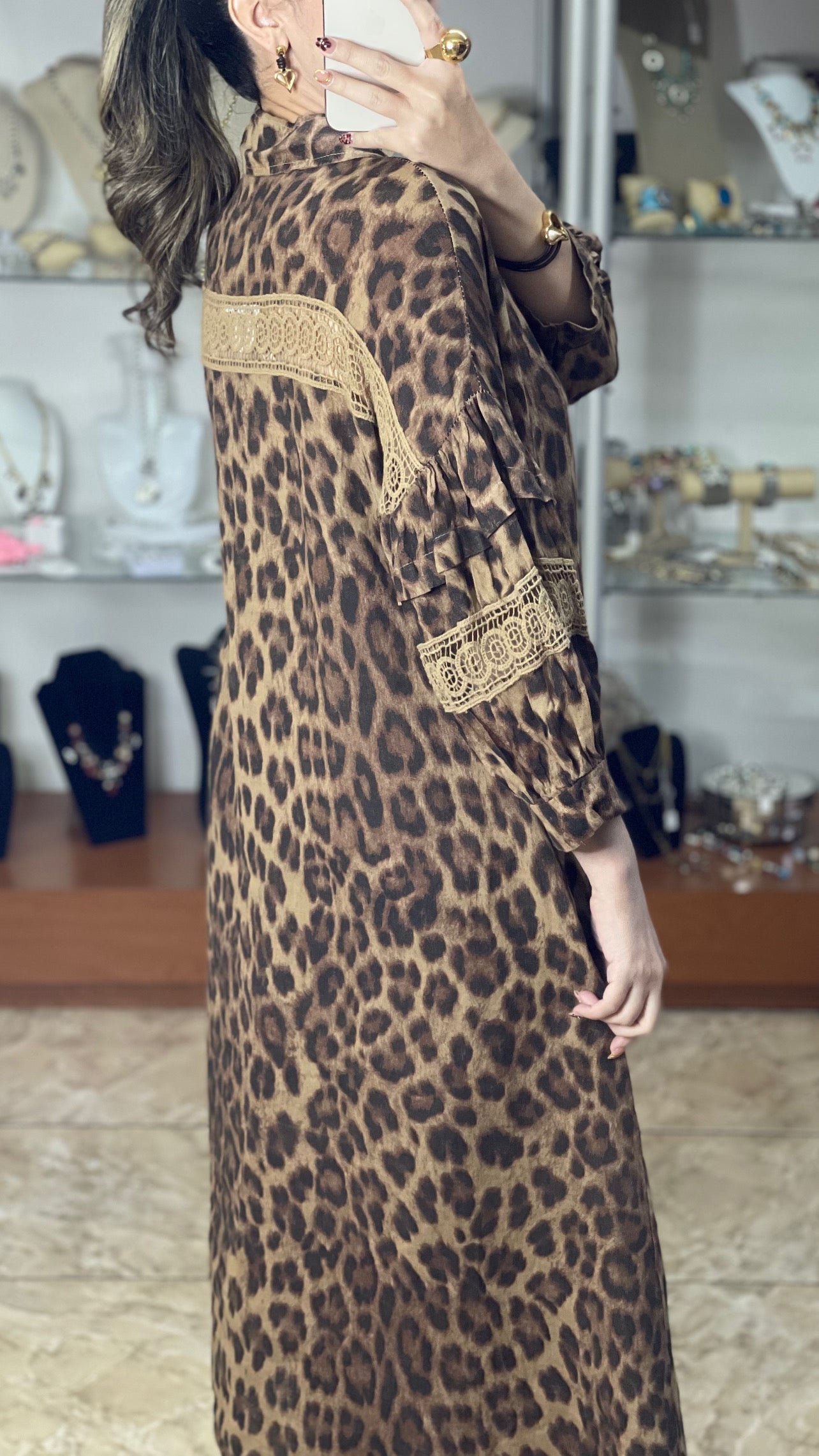 Leopard with Lace Details OS Linen Maxi Dress