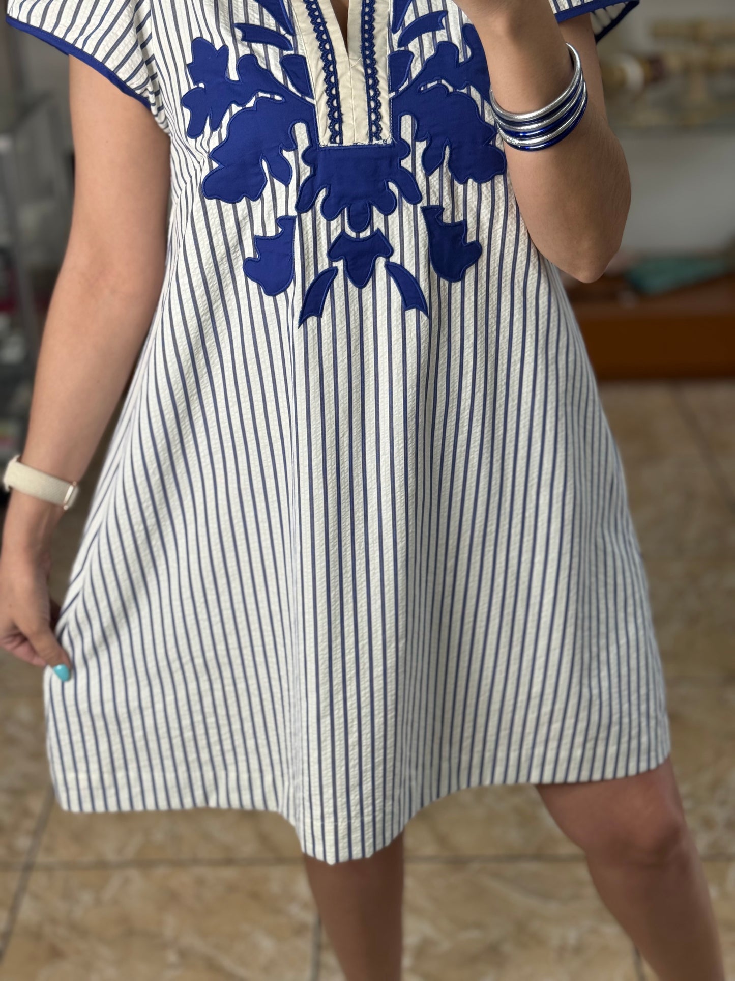 Blue Stripes Embroidered Short Dress