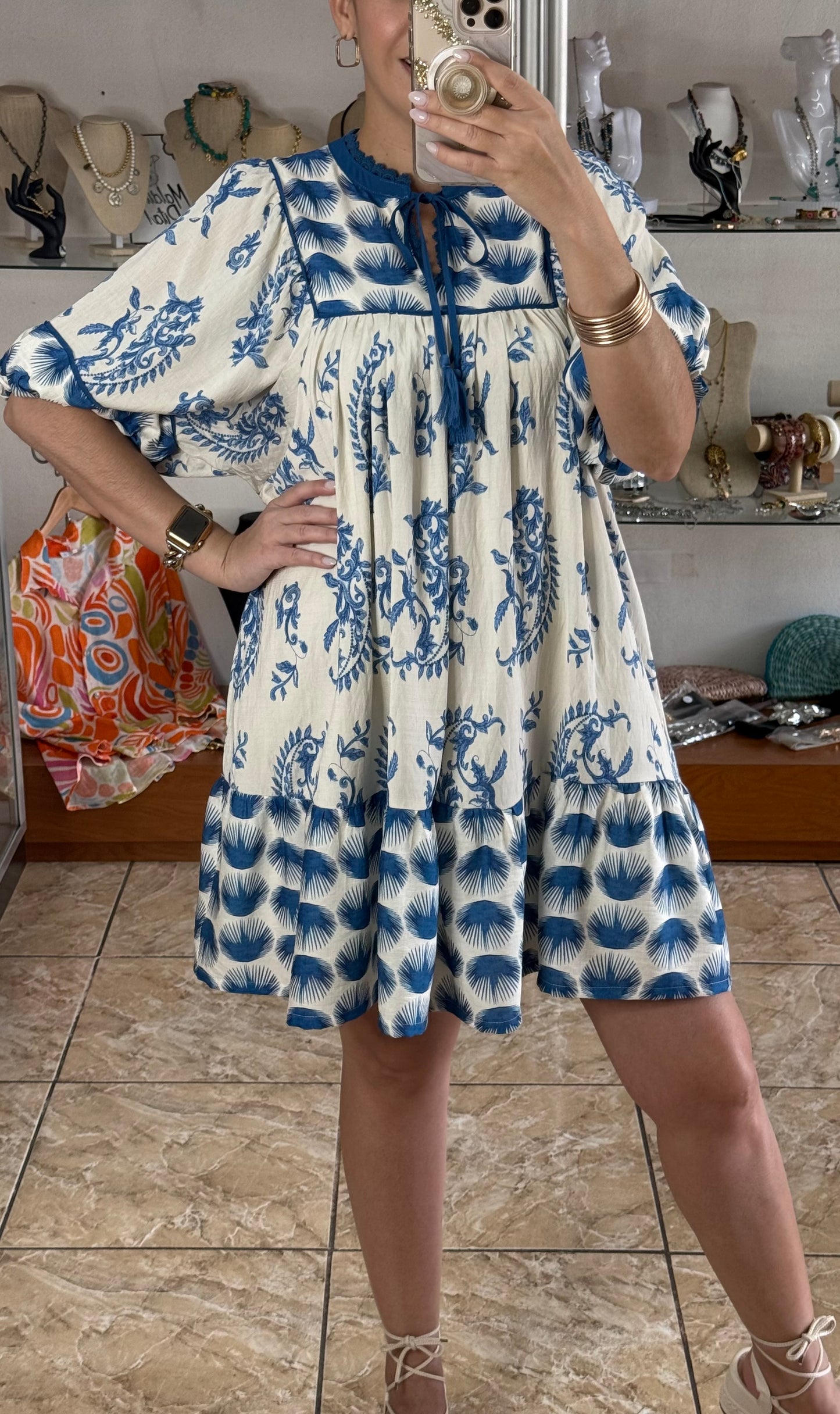 Blue Mix Abstract Print Mini Dress