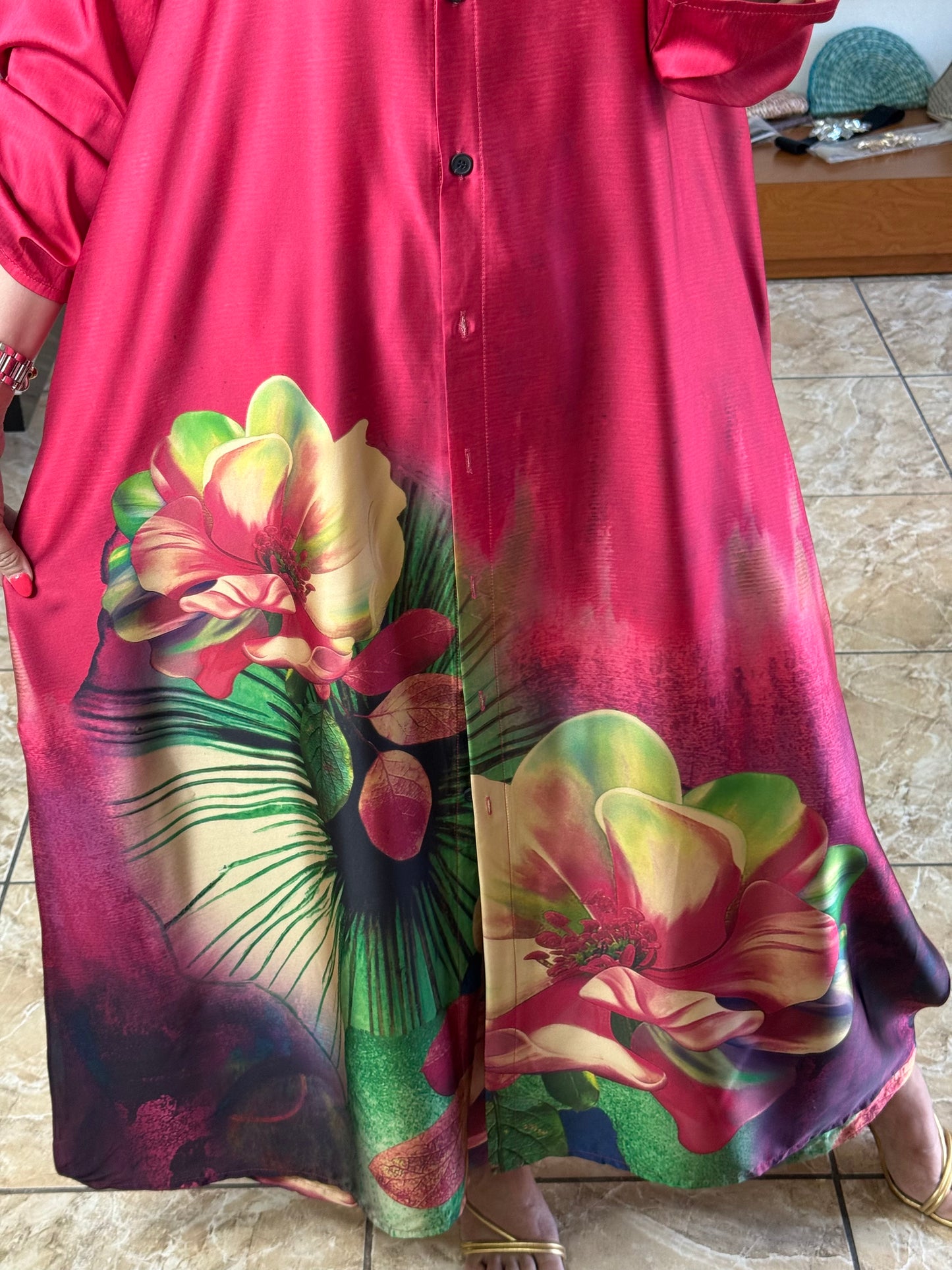 Pink Floral Silk OS Top/Dress & Pant Set (NO RETURNS OR EXCHANGE)