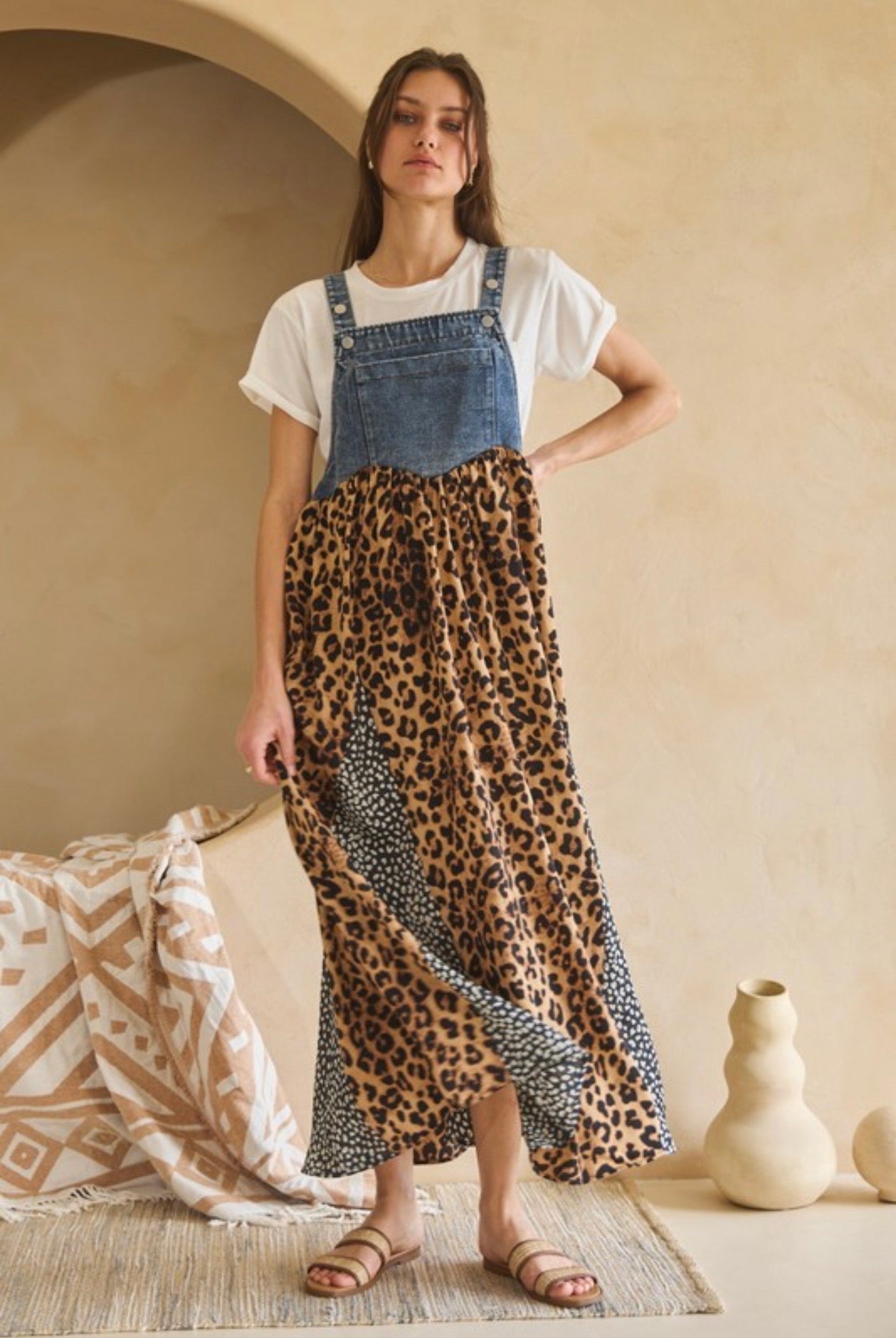 Denim Leopard Overall Dress (PLUS)