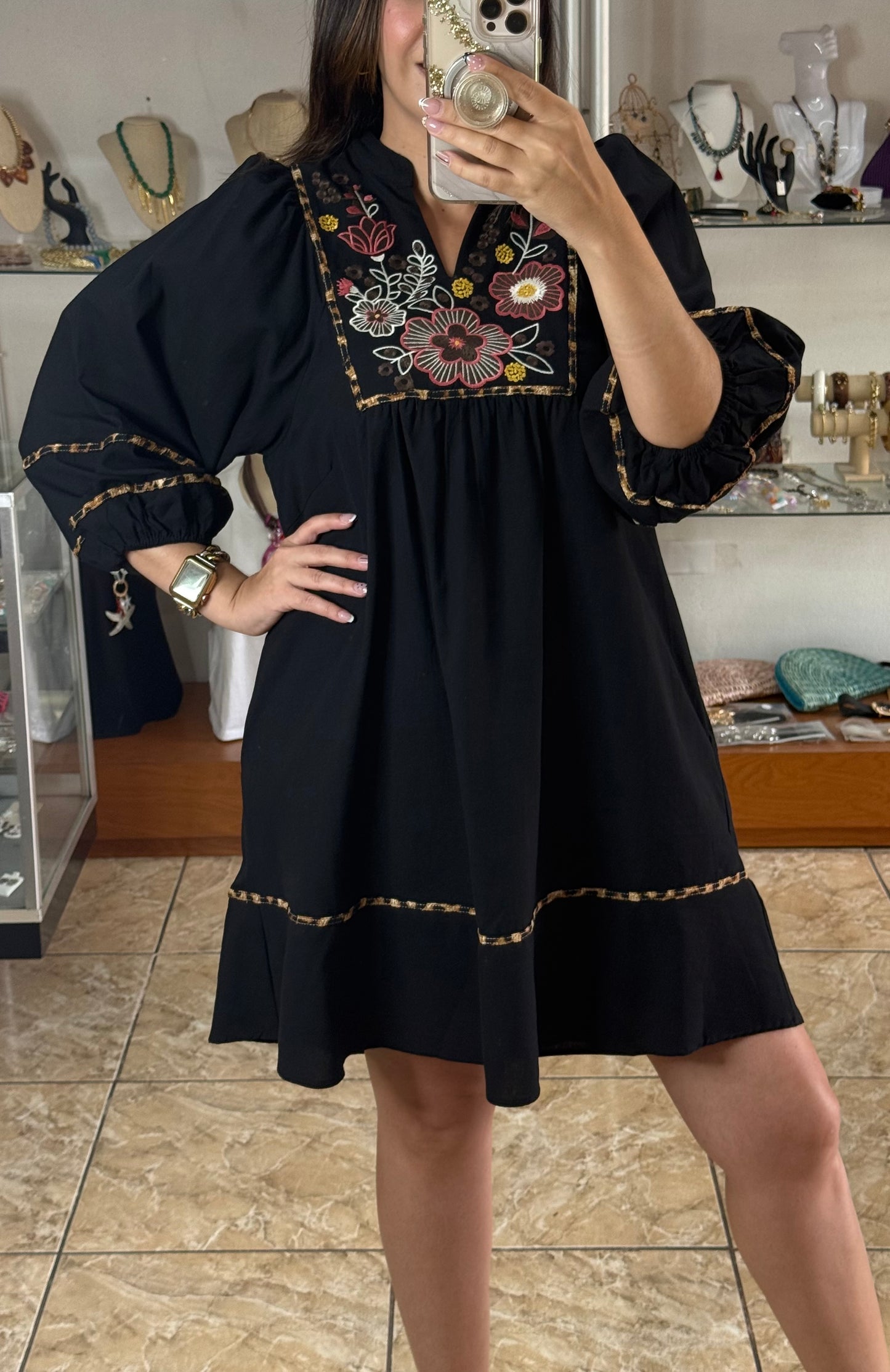 Black/Floral/Leopard Embroidered Dress