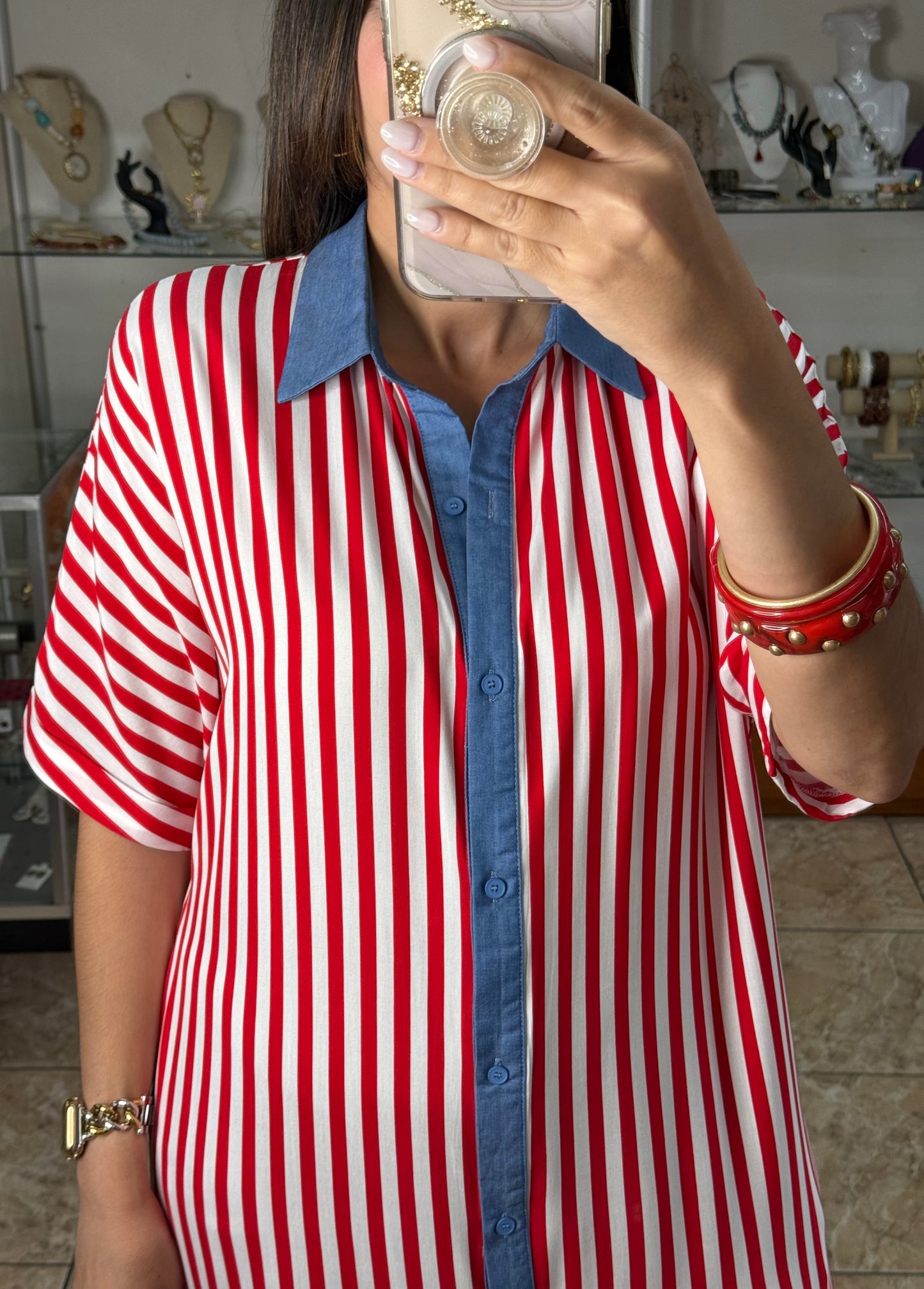 Red Stripes Button Down Maxi Dress
