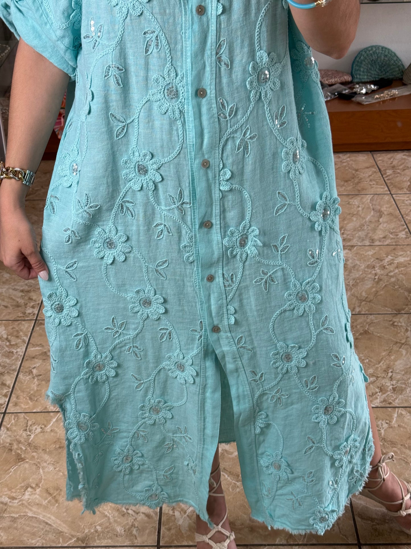 OS Embroidered/Sequins Linen Maxi Dress (NO RETURNS OR EXCHANGE)
