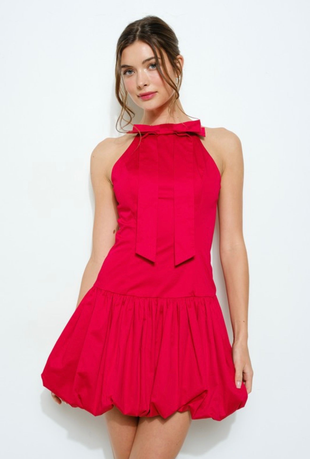 Bow Neck Bubble Hem Mini Dress