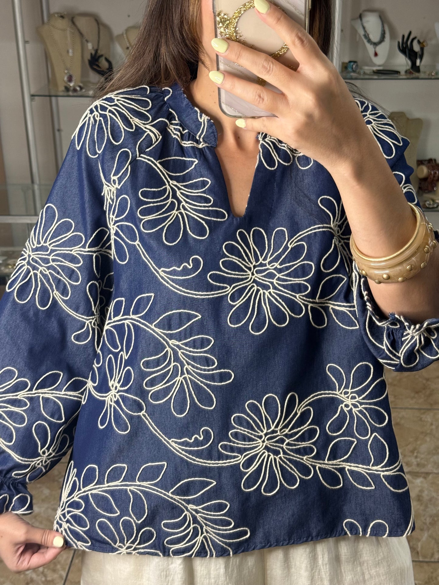 Long Sleeves OS Blue Denim Embroidered Top (NO RETURNS OR EXCHANGE)
