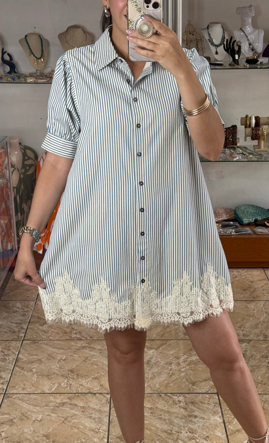 Chambray Stripes/Lace Mini Dress