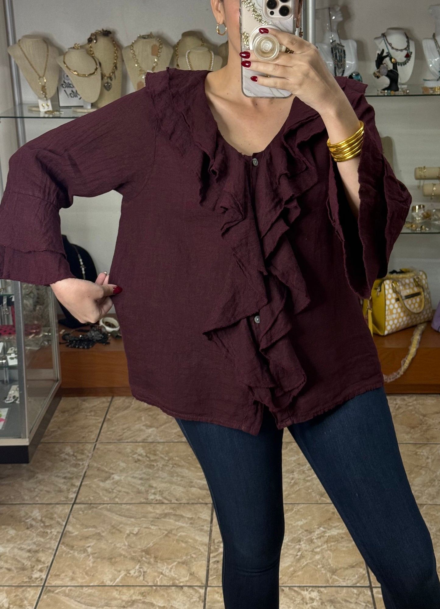 OS Long Sleeve Ruffled Linen Top (FINAL SALE)