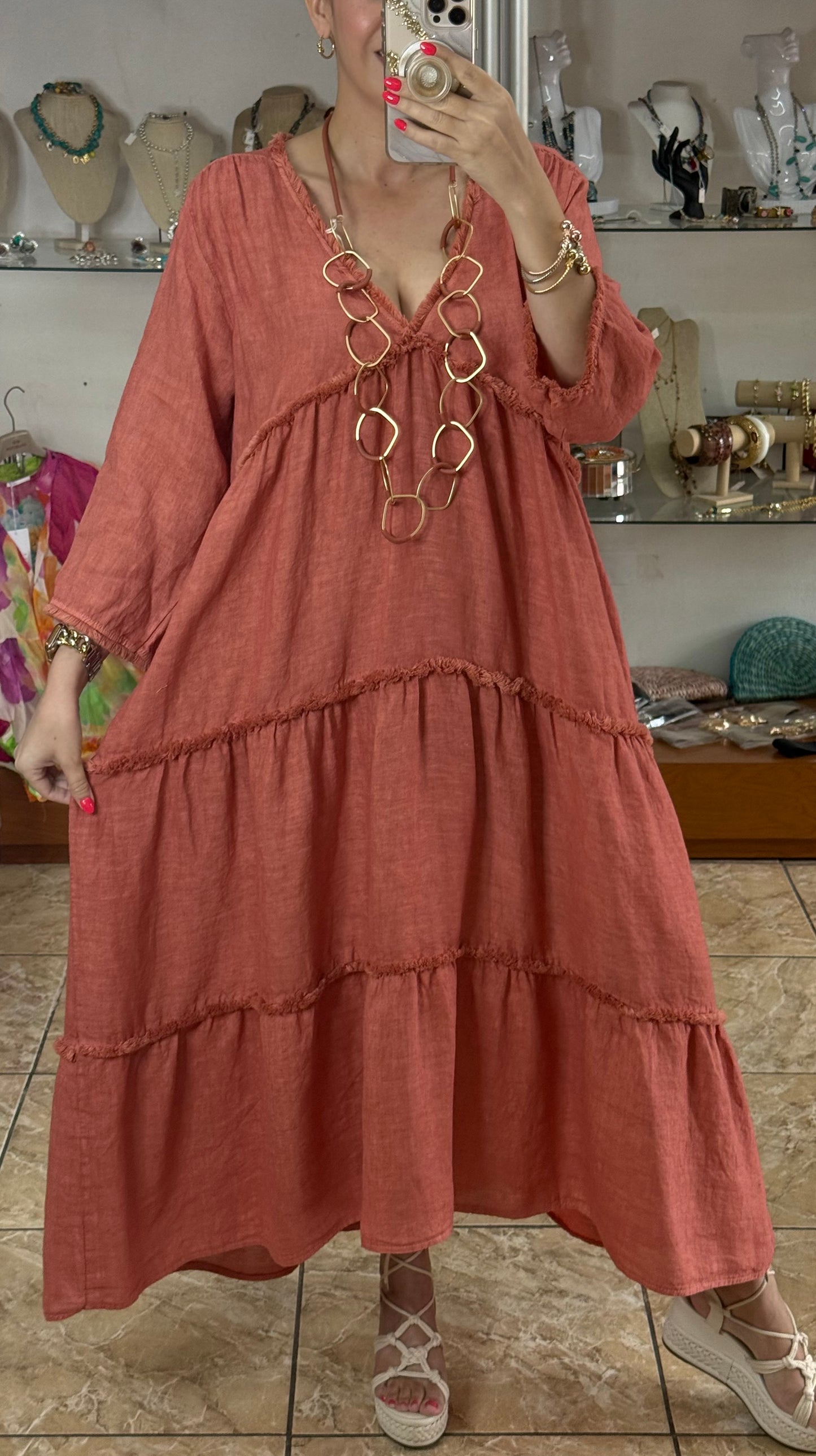 Deep V Neck OS Linen Dress (NO RETURNS OR EXCHANGE)