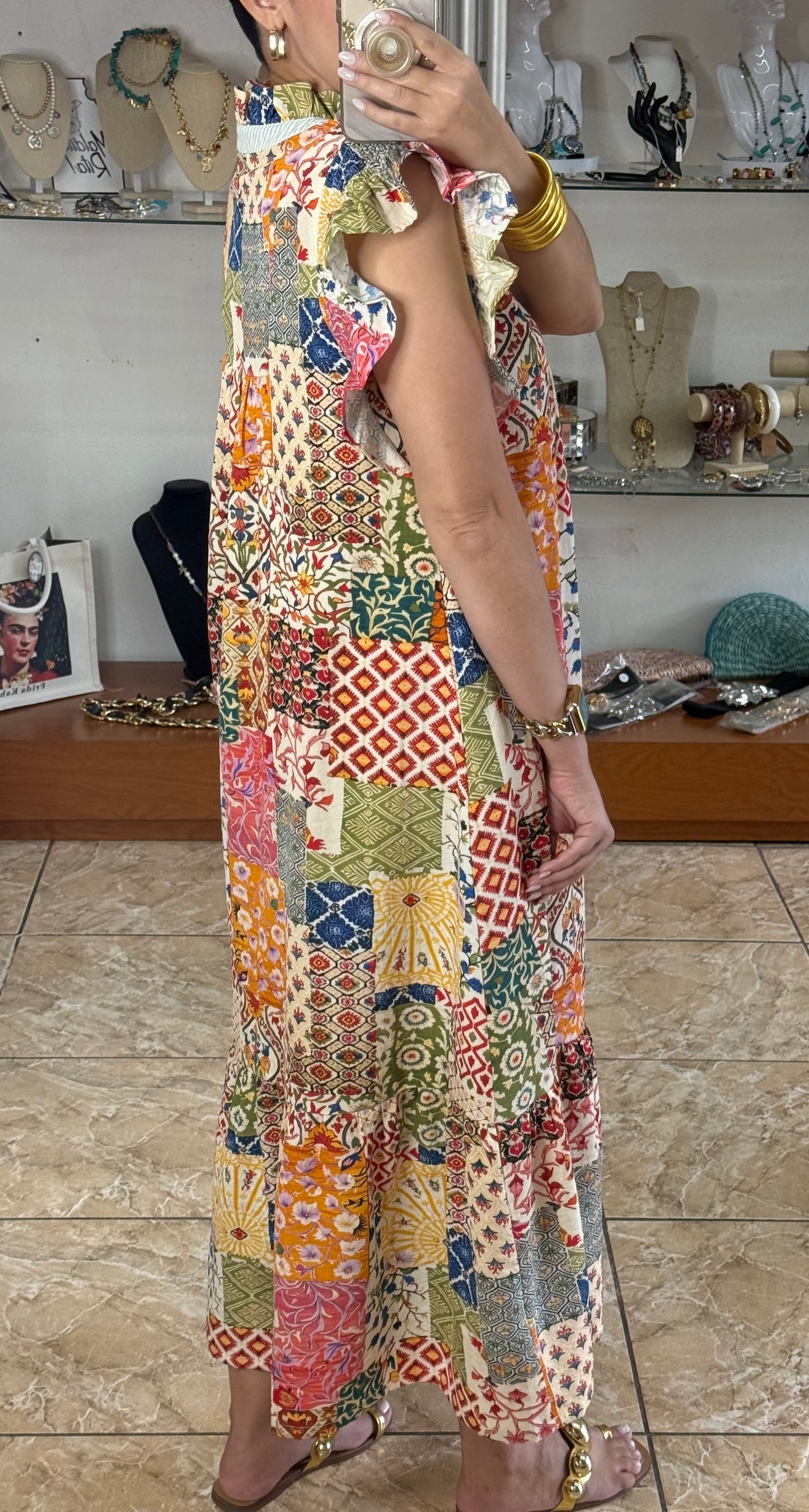 Patches Ruffle Sleeve Midi Dress