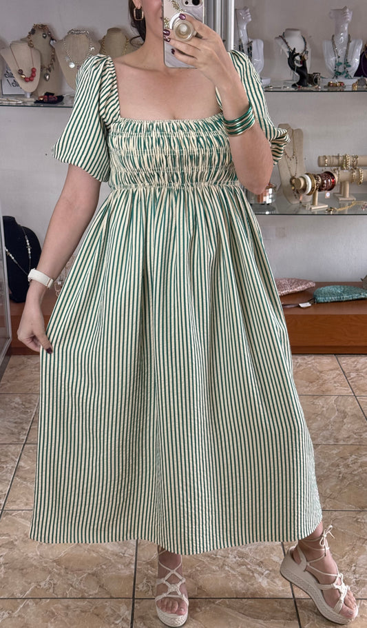 Green Stripes Square Neck Midi Dress