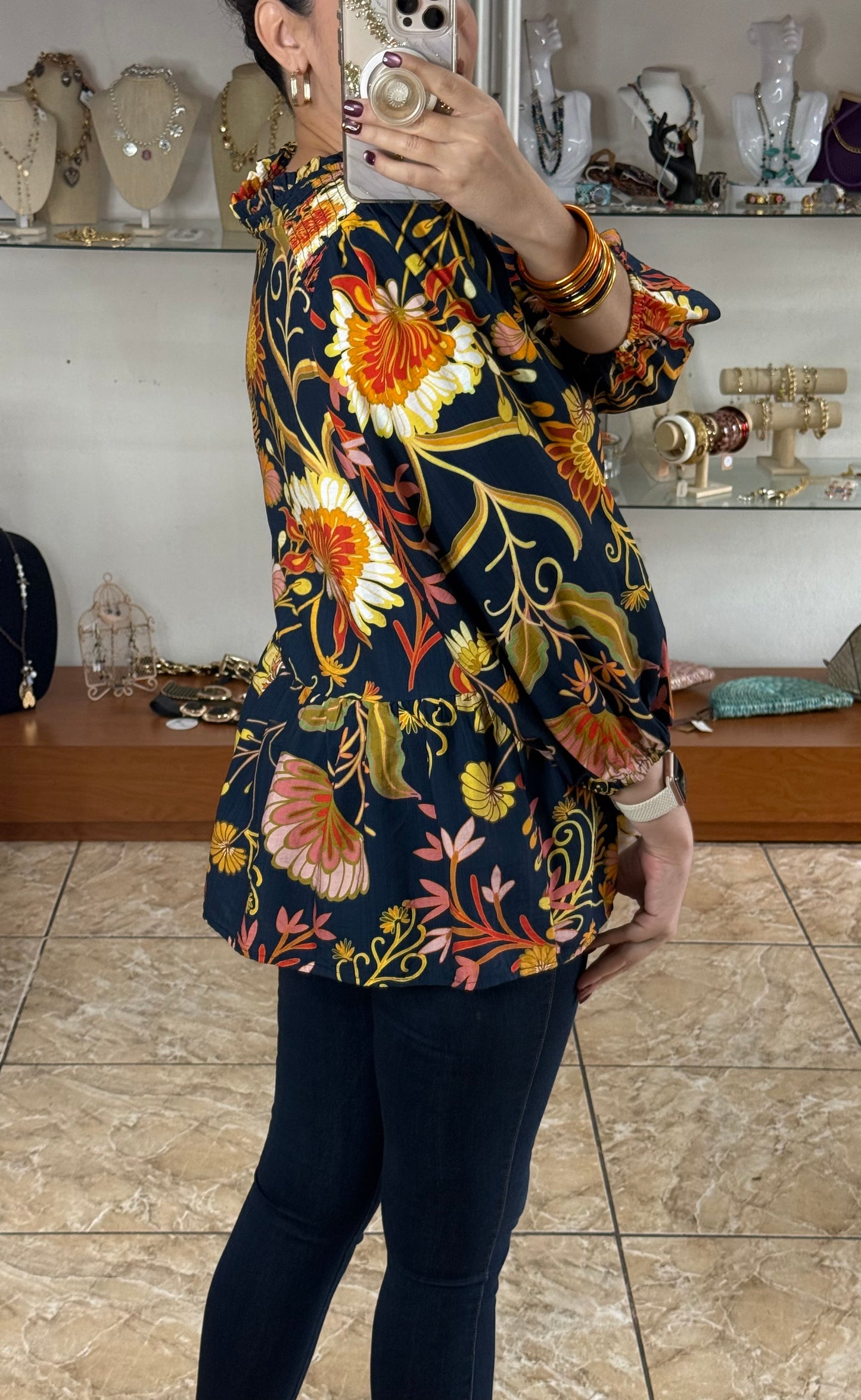 Navy/Orange Mix Floral Top