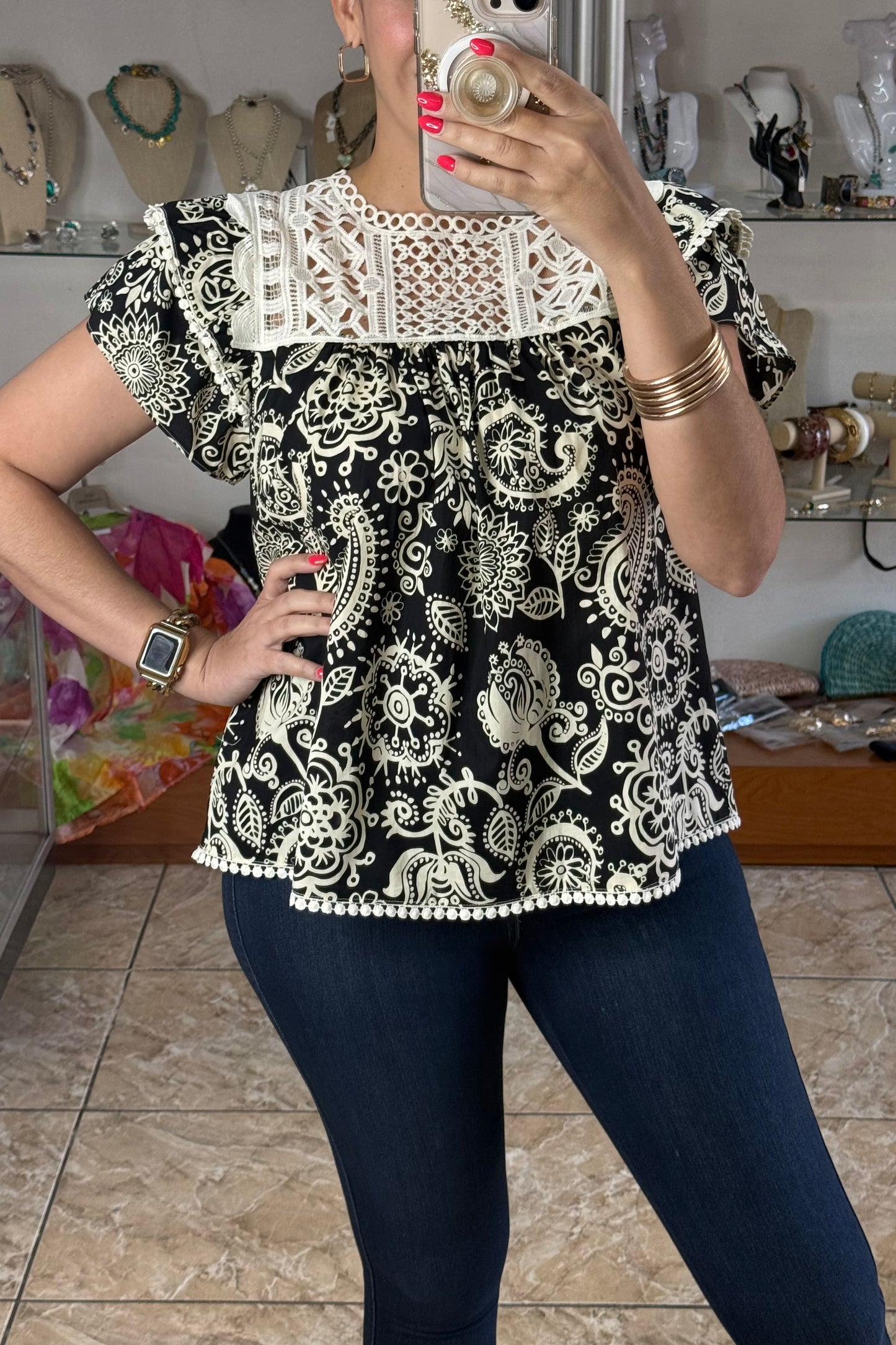 Black/Cream Paisley Top