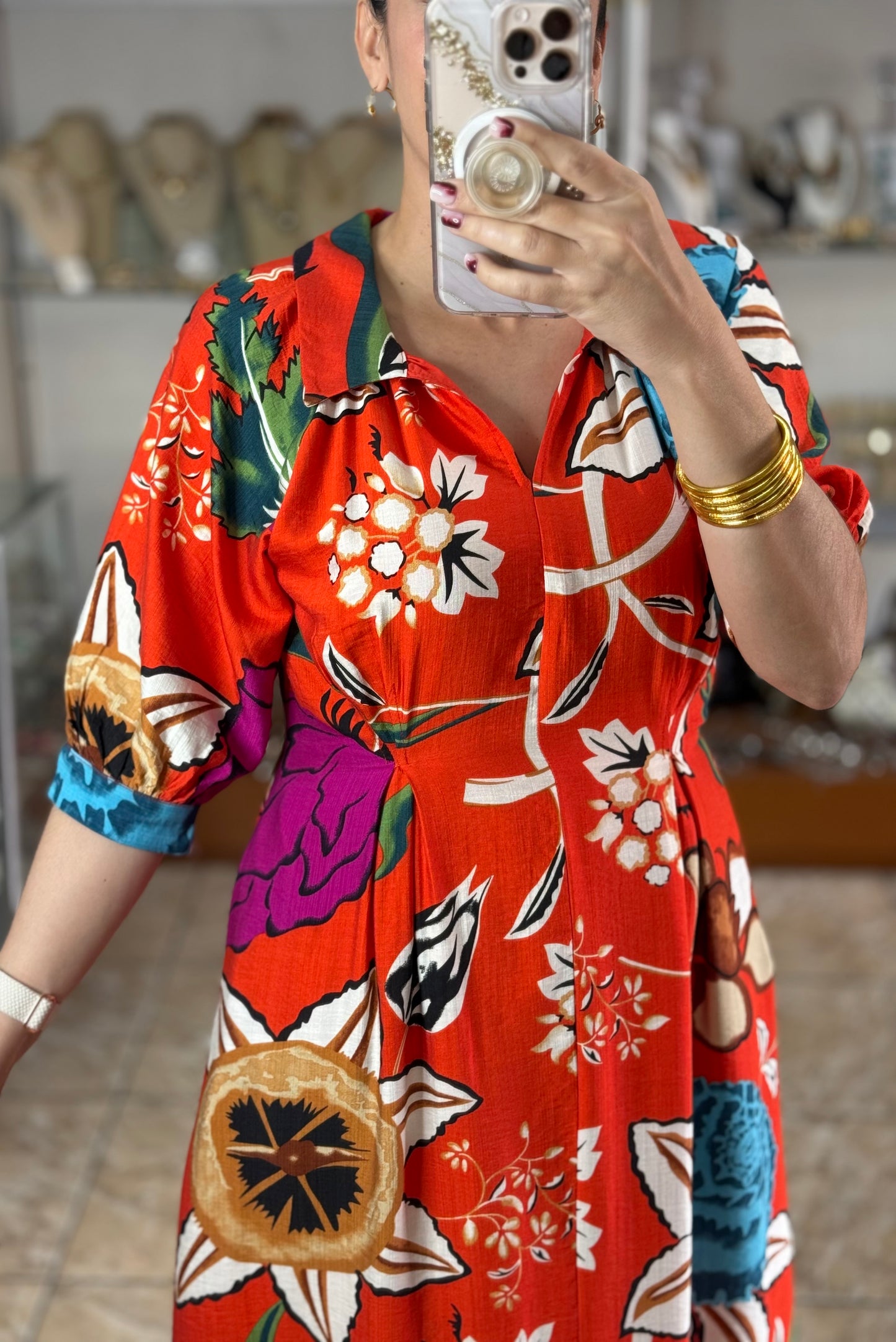 Orange Floral Midi Dress