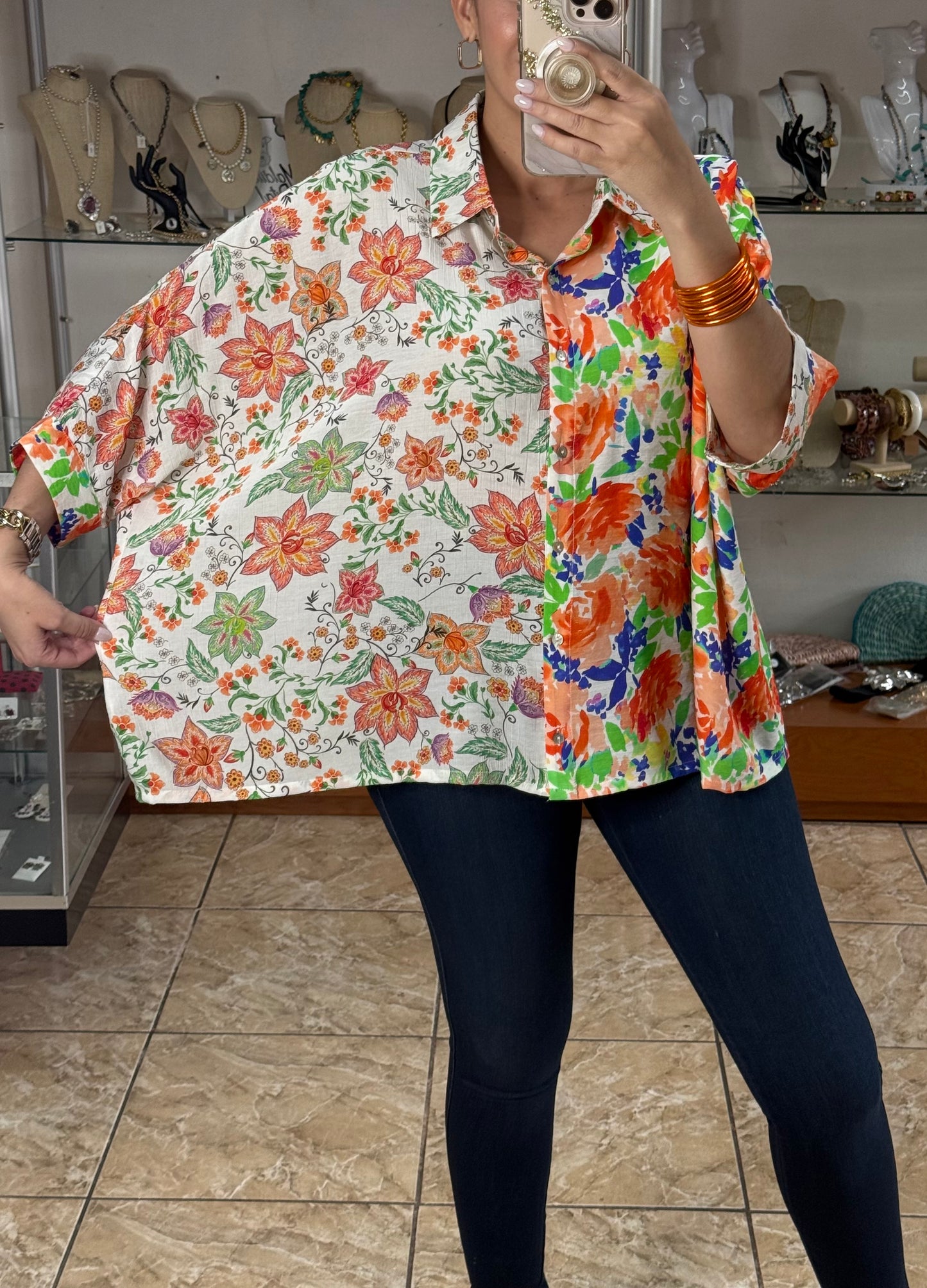 Orange Mix Floral Tunic Top