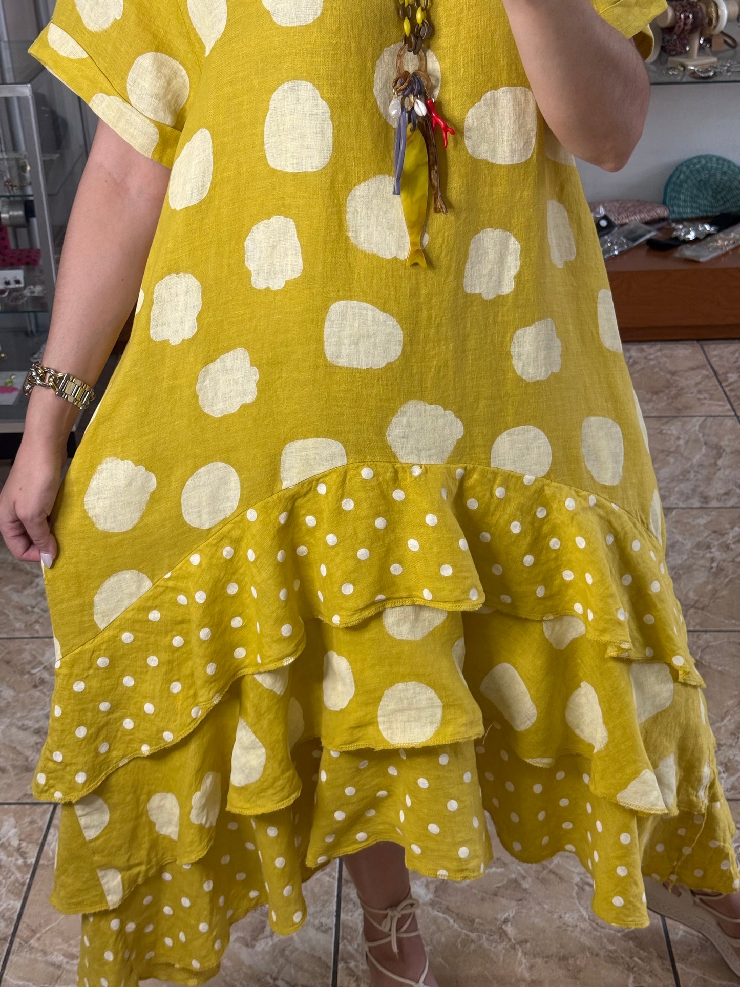 Polka OS Ruffle Tiered Linen Midi Dress (NO RETURNS OR EXCHANGE)