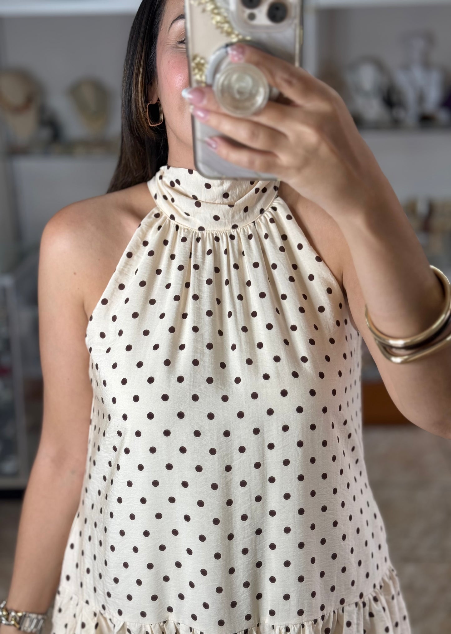 Ecru/Brown Polkadot Halter Mini Dress