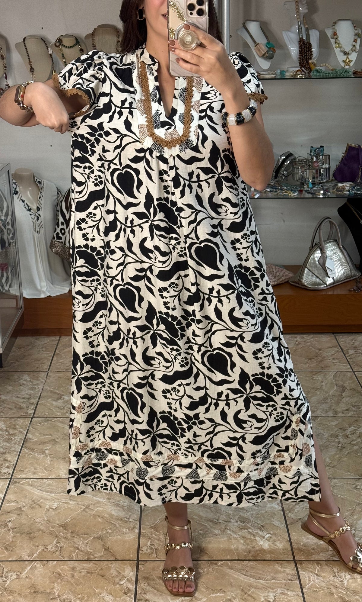 Flutter Sleeve Border Print Midi Dress