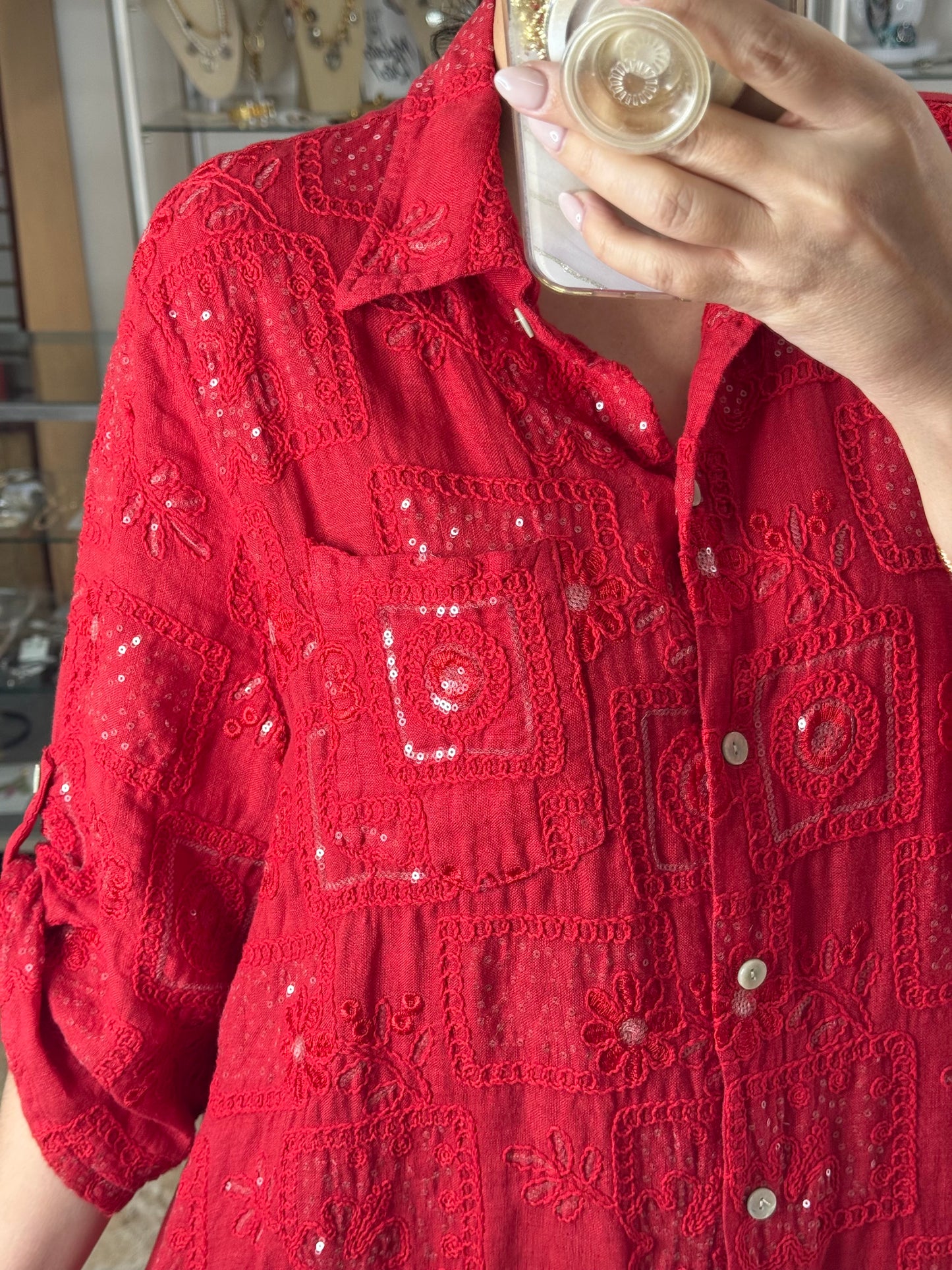 OS Sequins Embroidered Linen Maxi Dress (NO RETURNS OR EXCHANGE)