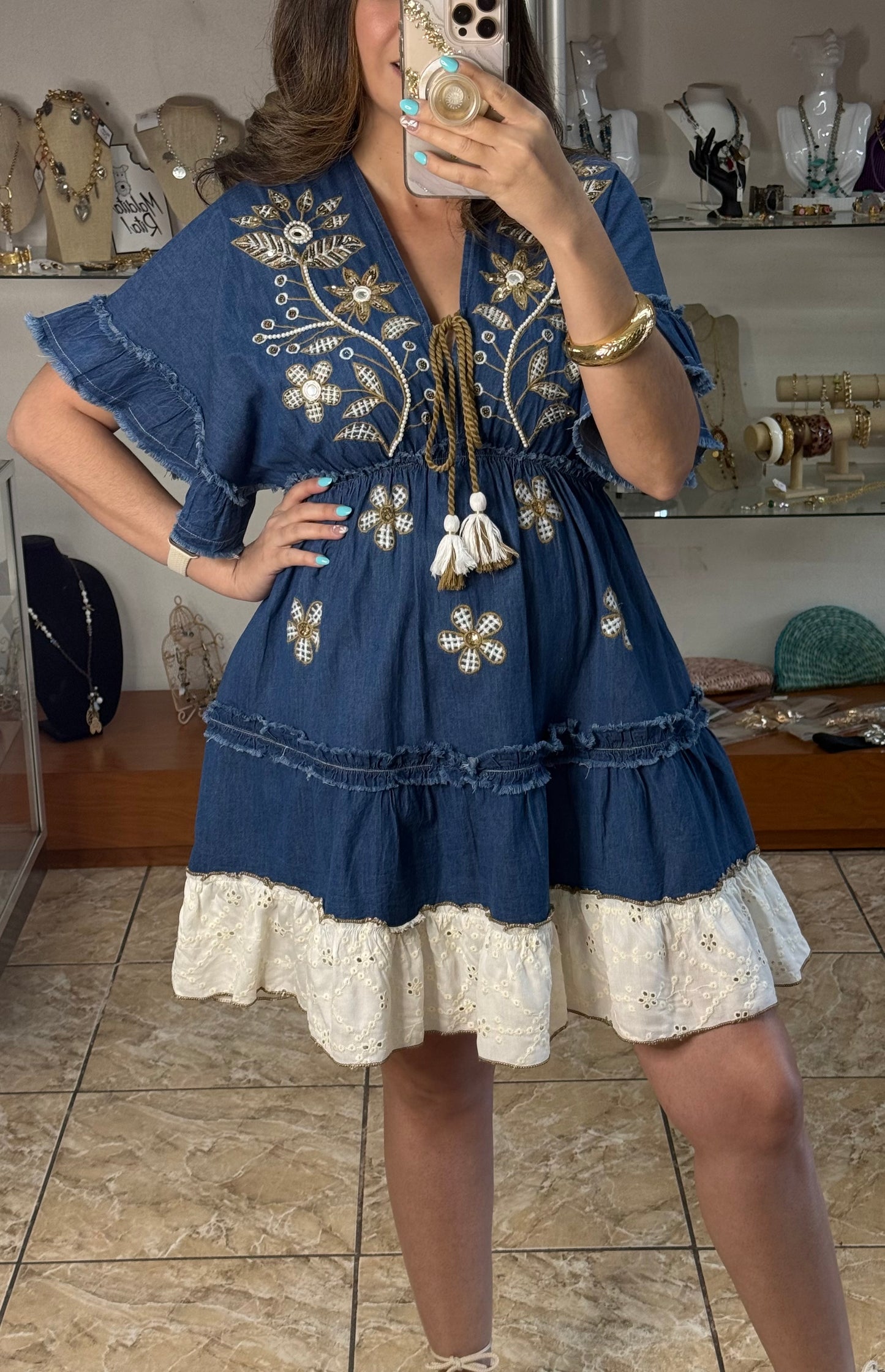 OS Short Embroidered Denim Dress (NO RETURNS OR EXCHANGE)