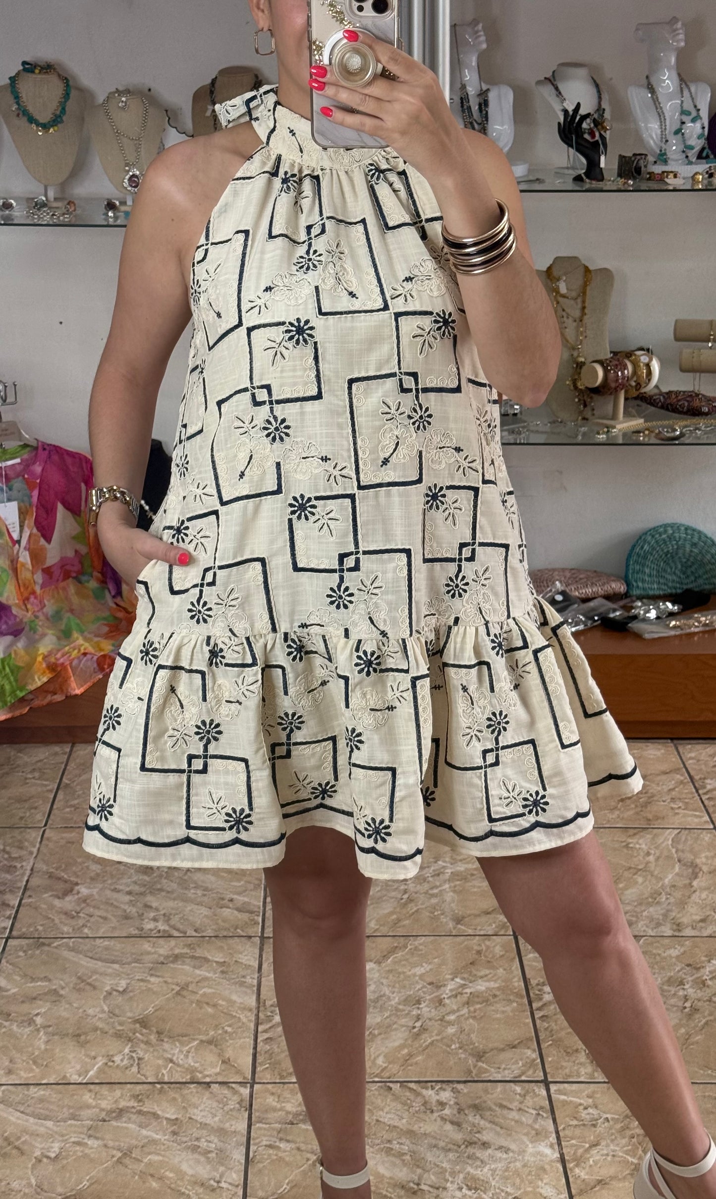 Halter Embroidered Mini Dress