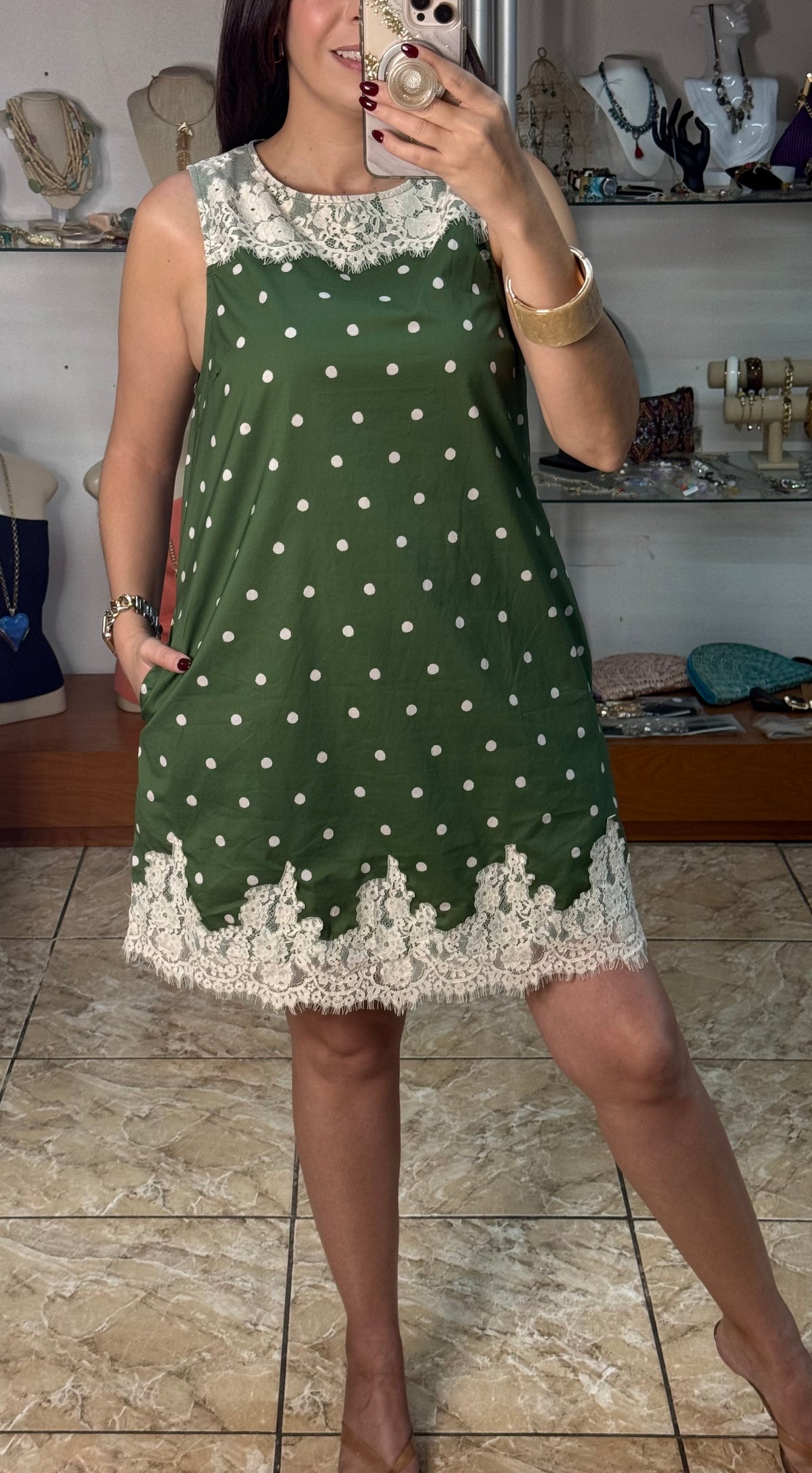 Sleeveless Olive Polkadot with Lace Details Dress