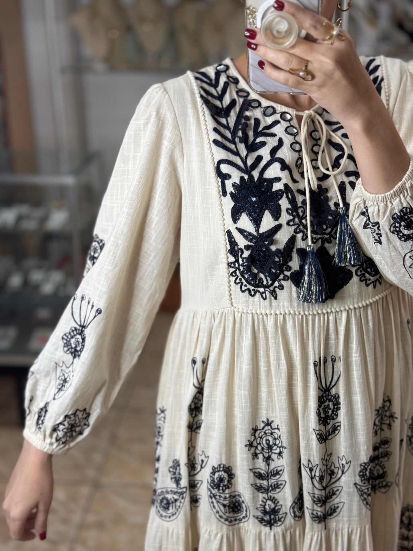 Cream/Navy Embroidered OS Maxi Dress (FINAL SALE)
