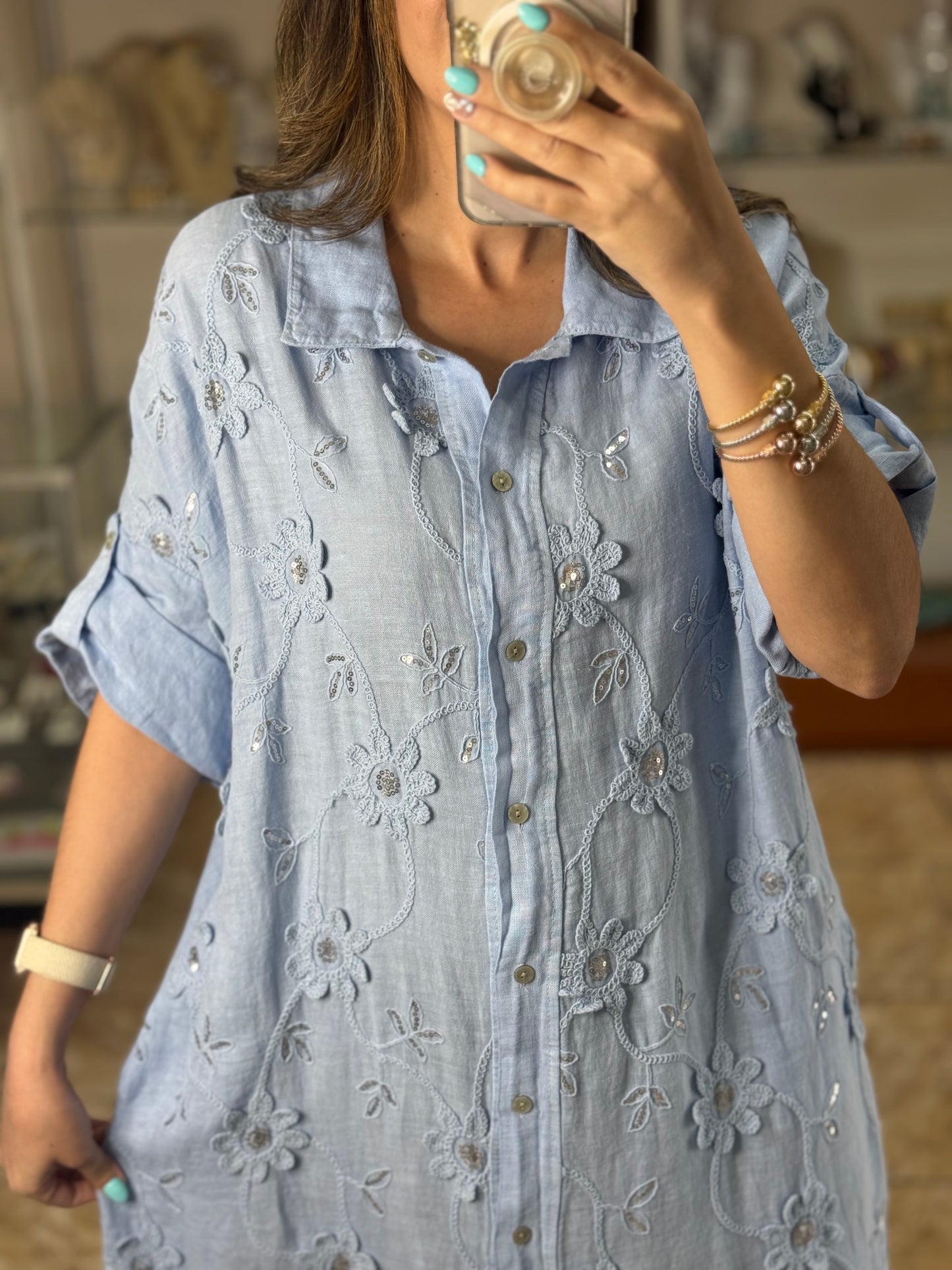 OS Embroidered/Sequins Linen Maxi Dress (NO RETURNS OR EXCHANGE)