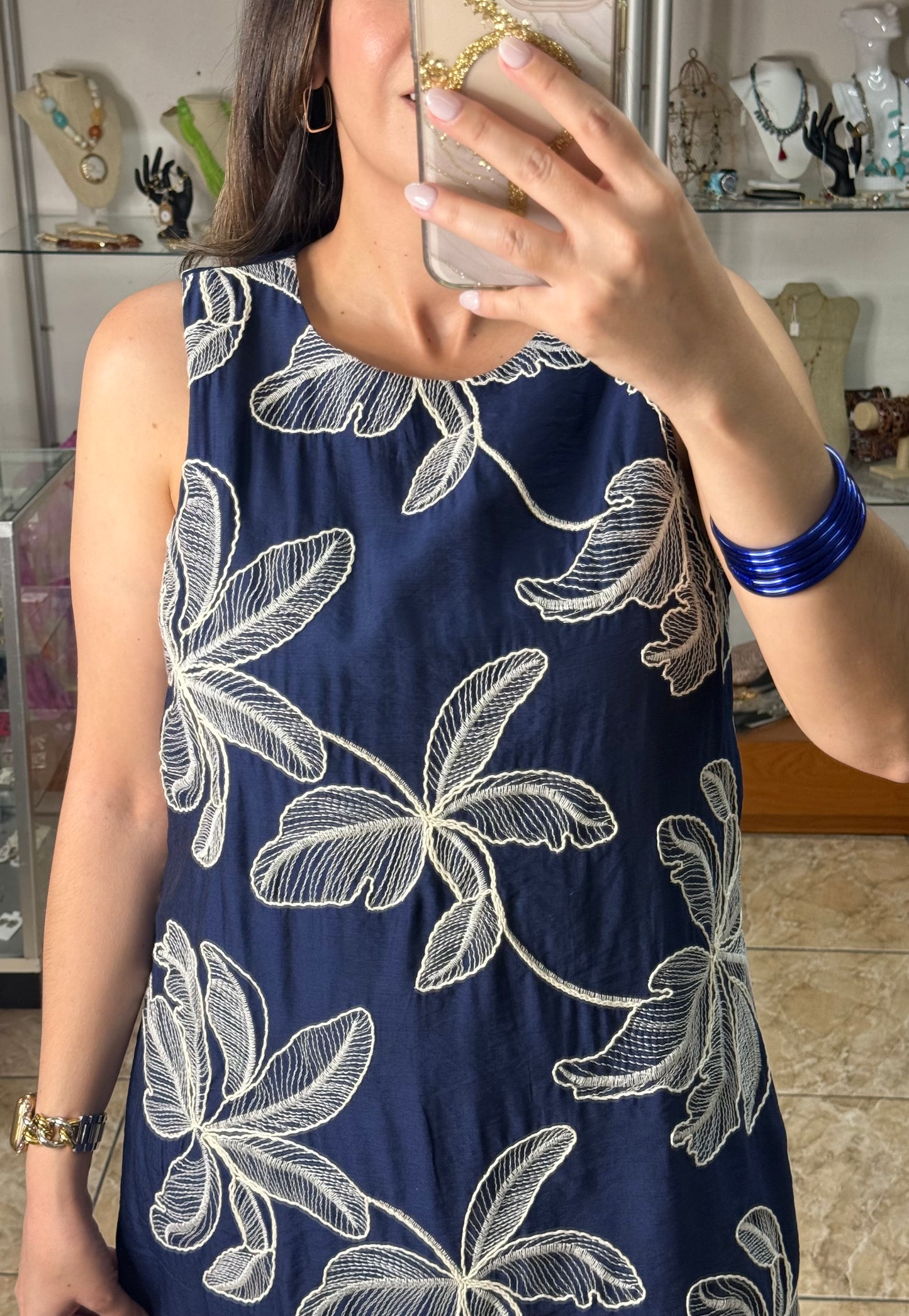 Navy Embroidered Sleeveless Dress