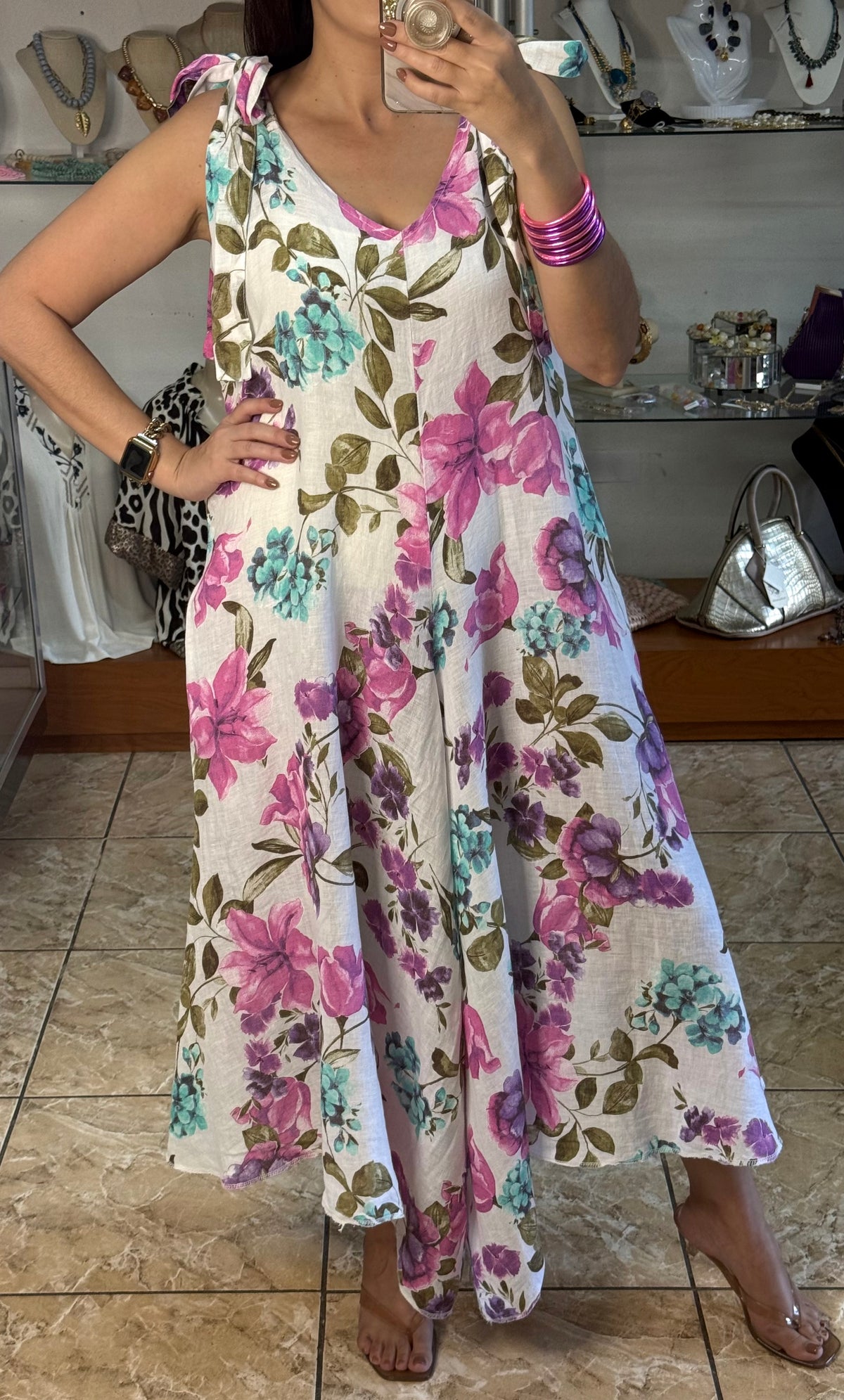 OS Pink/Purple Floral Linen Jumpsuit (NO RETURNS OR EXCHANGE)