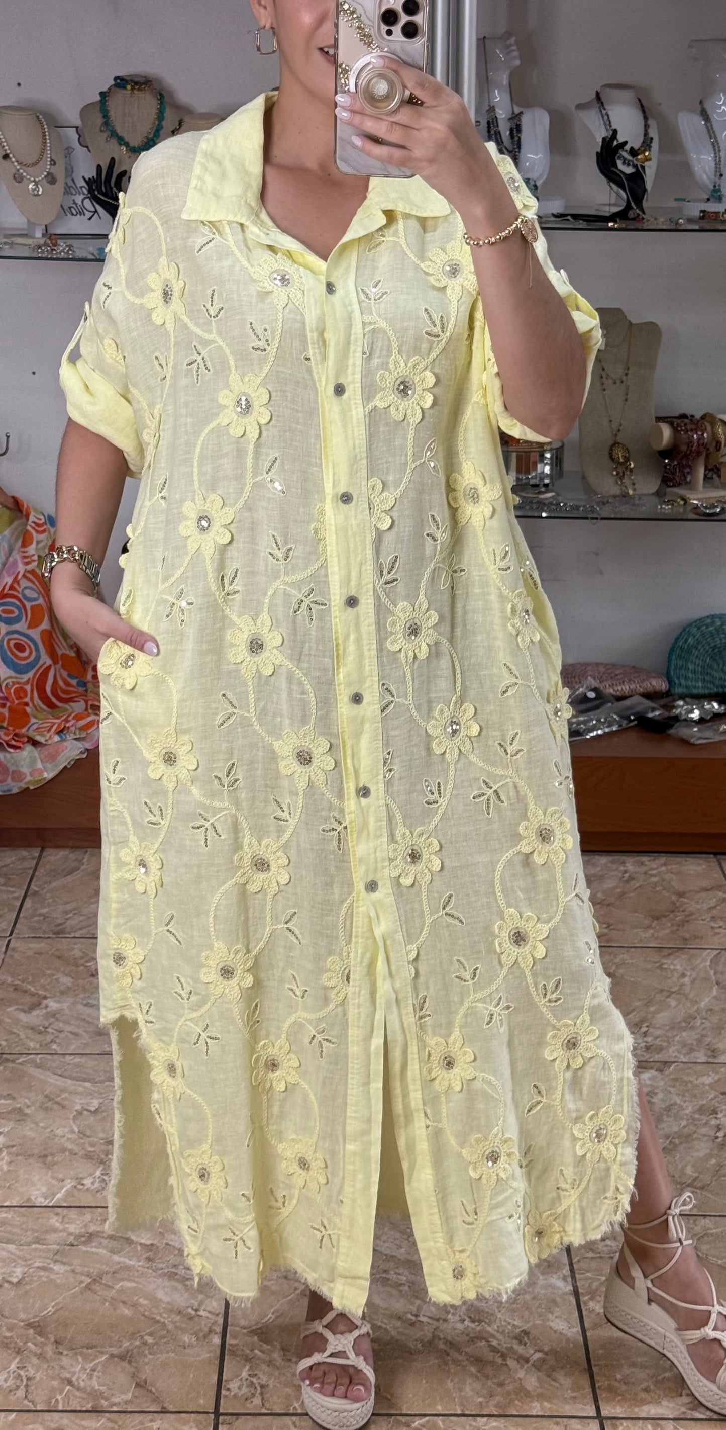 OS Embroidered/Sequins Linen Maxi Dress (NO RETURNS OR EXCHANGE)