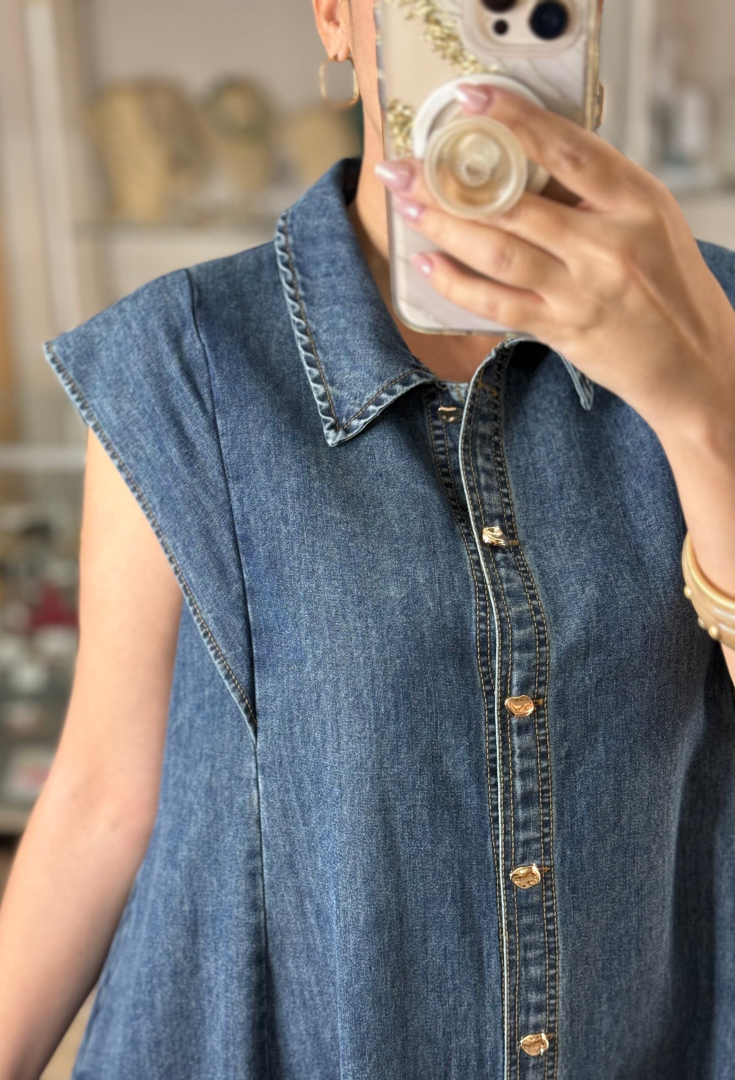 Gold Buttons Denim Maxi Dress
