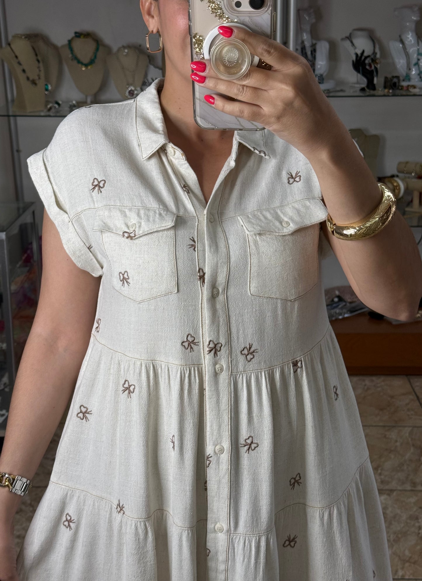 Embroidered Ribbons Linen Blend Dress