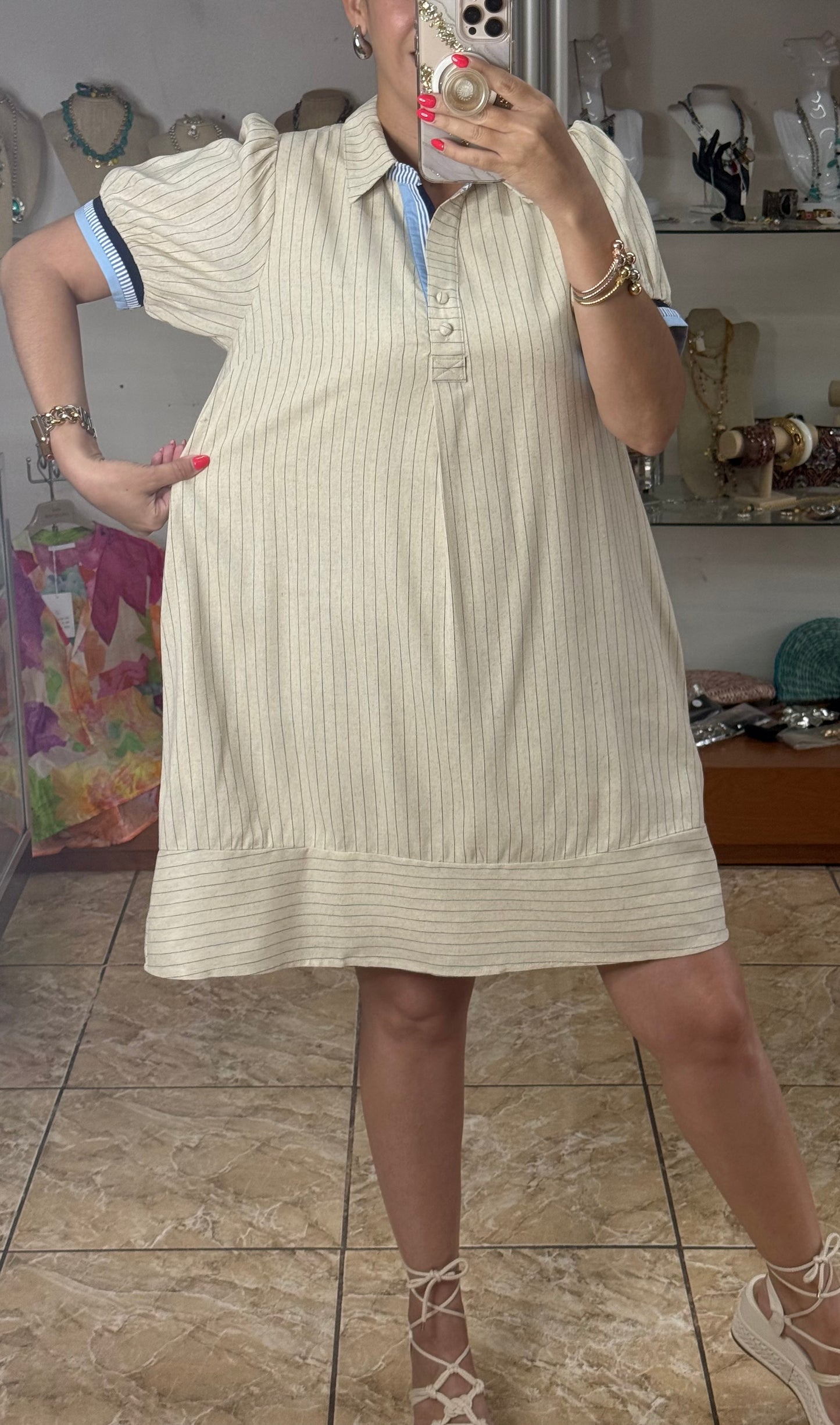 Oatmeal Linen Stripes Polo Dress