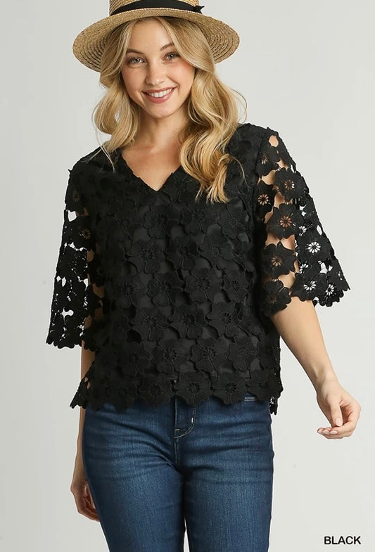 Scalloped Floral Lace V-Neck Top