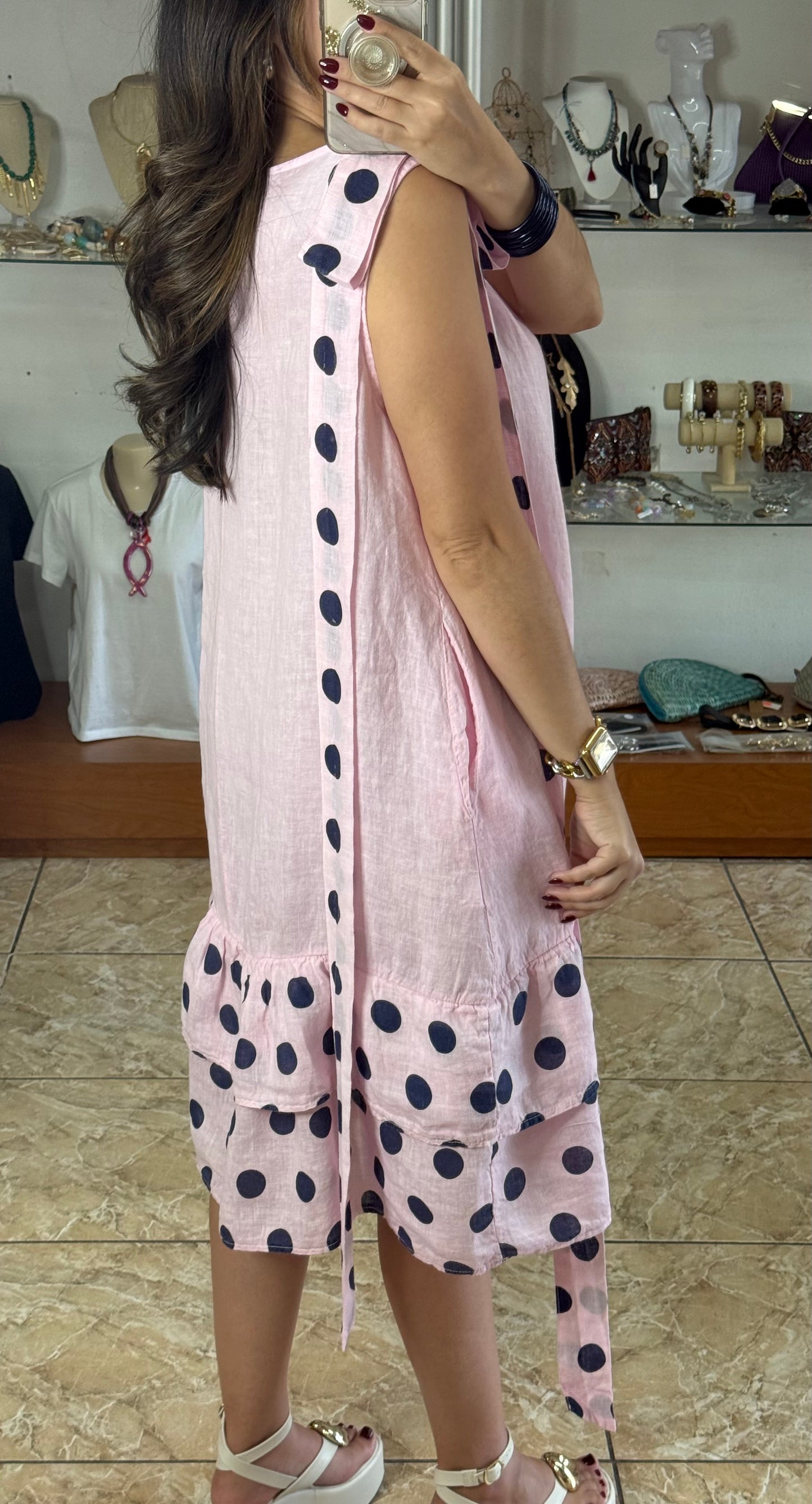 Navy Polkadots OS Linen Short Dress (NO RETURNS OR EXCHANGE)