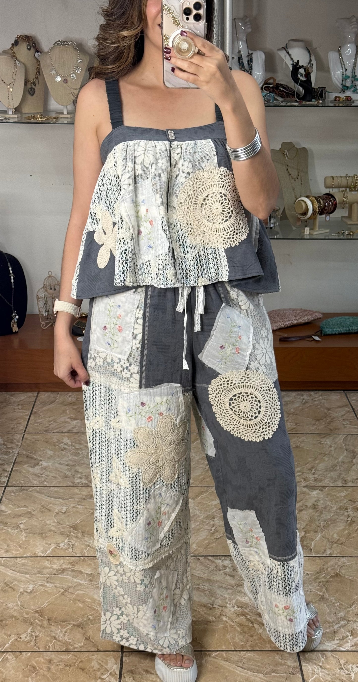 Charcoal Grey Crochet Details Pant Set (FINAL SALE)