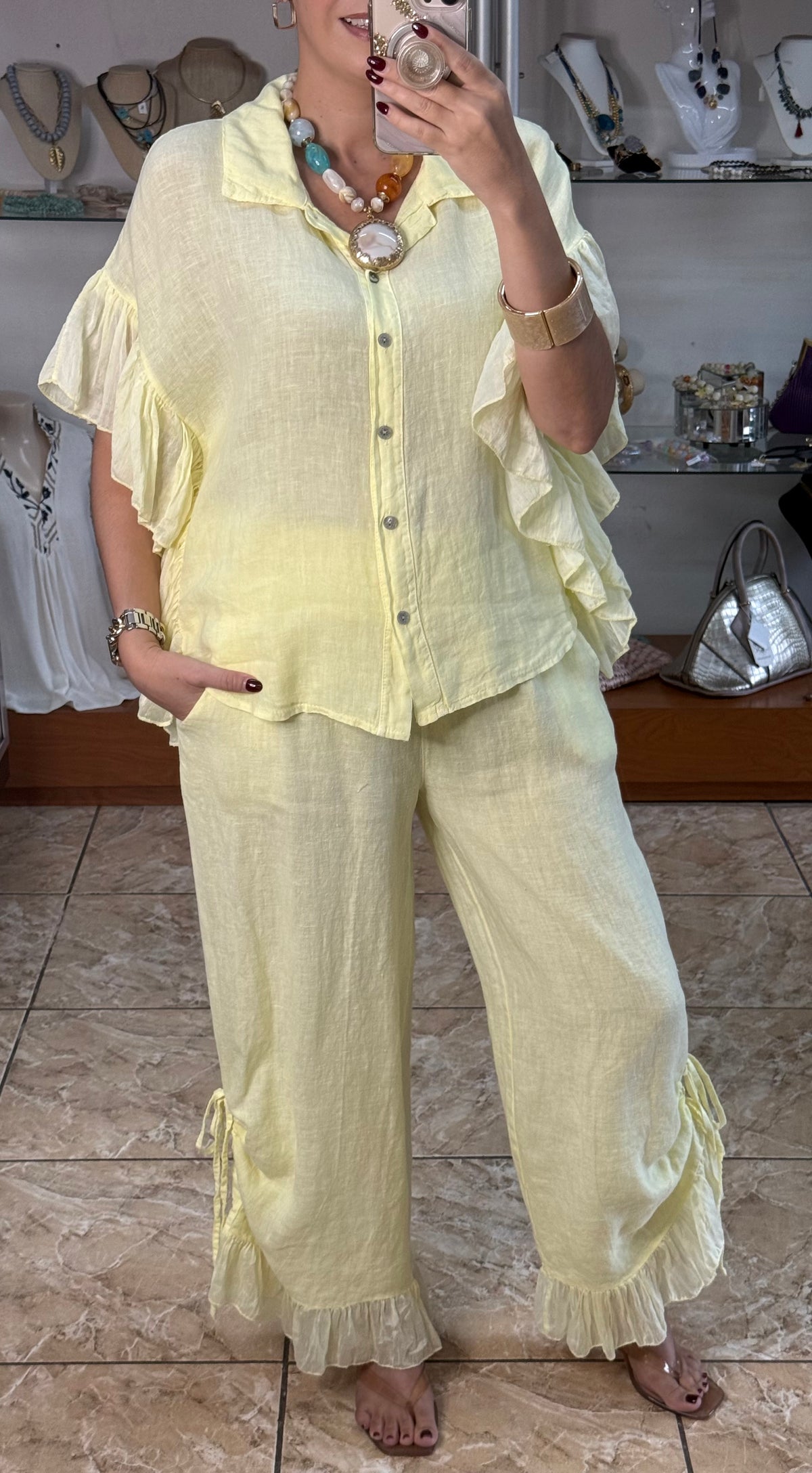 OS Linen Ruffle Top & Pant Set (NO RETURNS OR EXCHANGE)