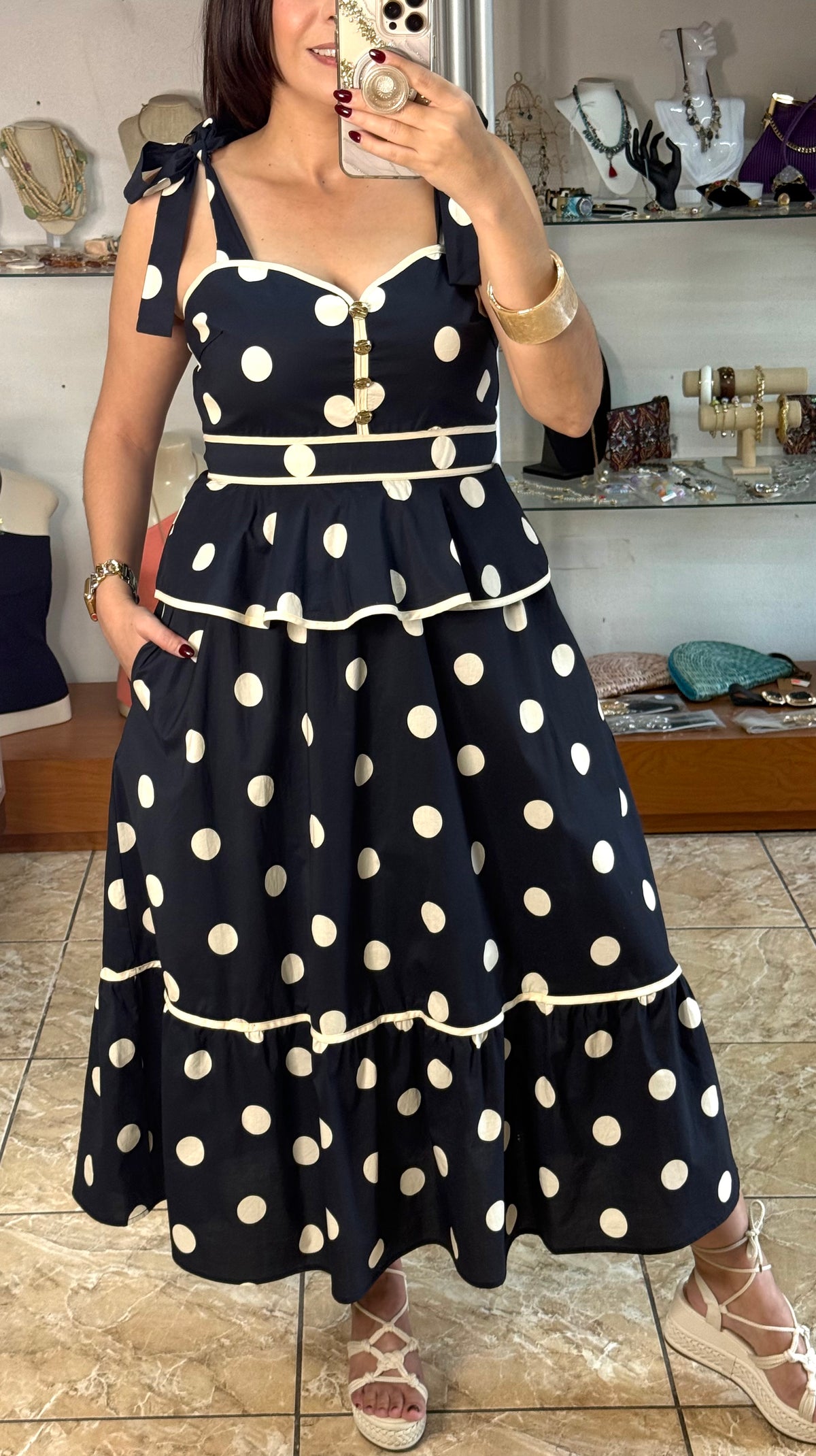 Polka Dot Peplum Midi Dress