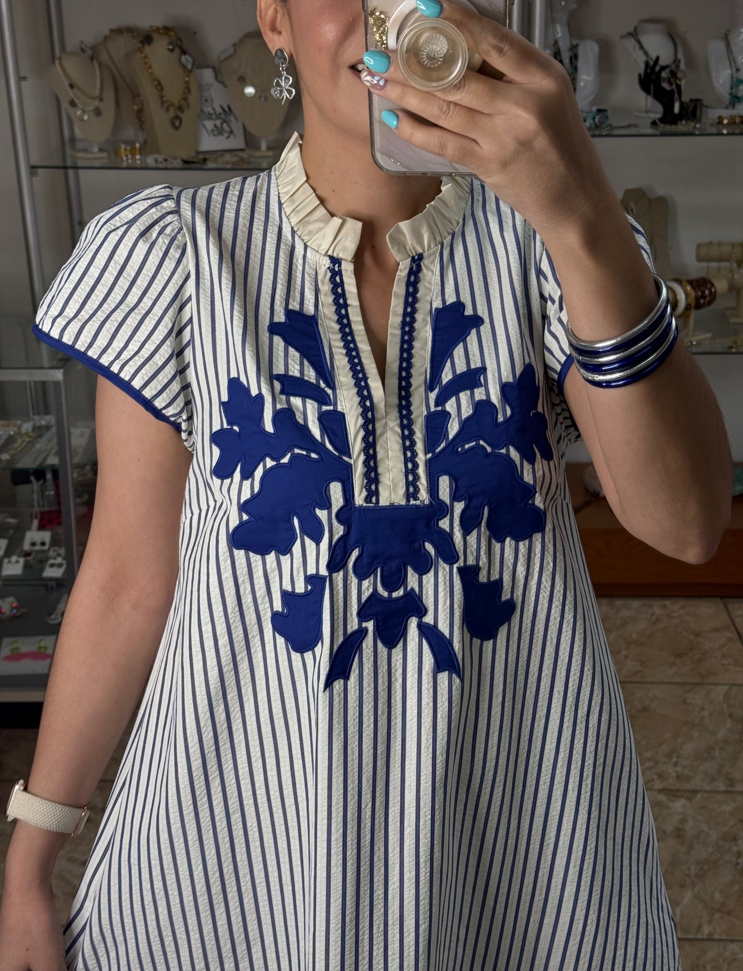 Blue Stripes Embroidered Short Dress